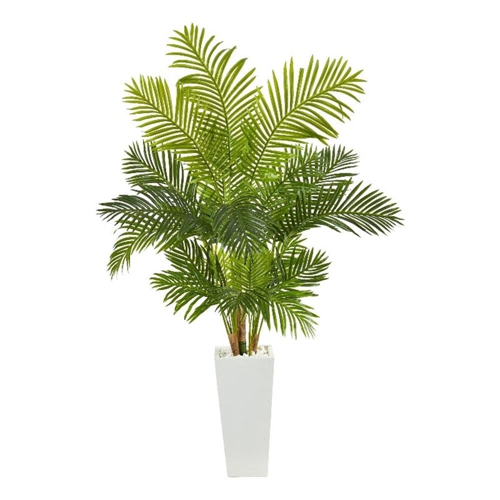 Nearly Natural 68″ Hawaii Palm Artificial Tree in Tall White Planter in Green