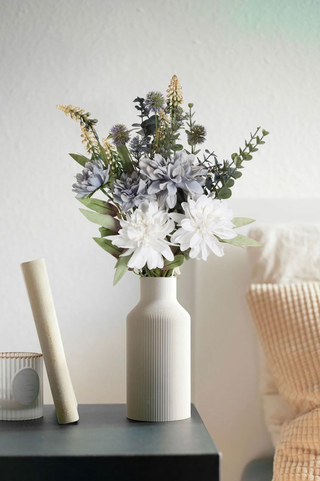 White Grey Silk Artificial Fake Faux Flower Bouquet For Vase Table Decor