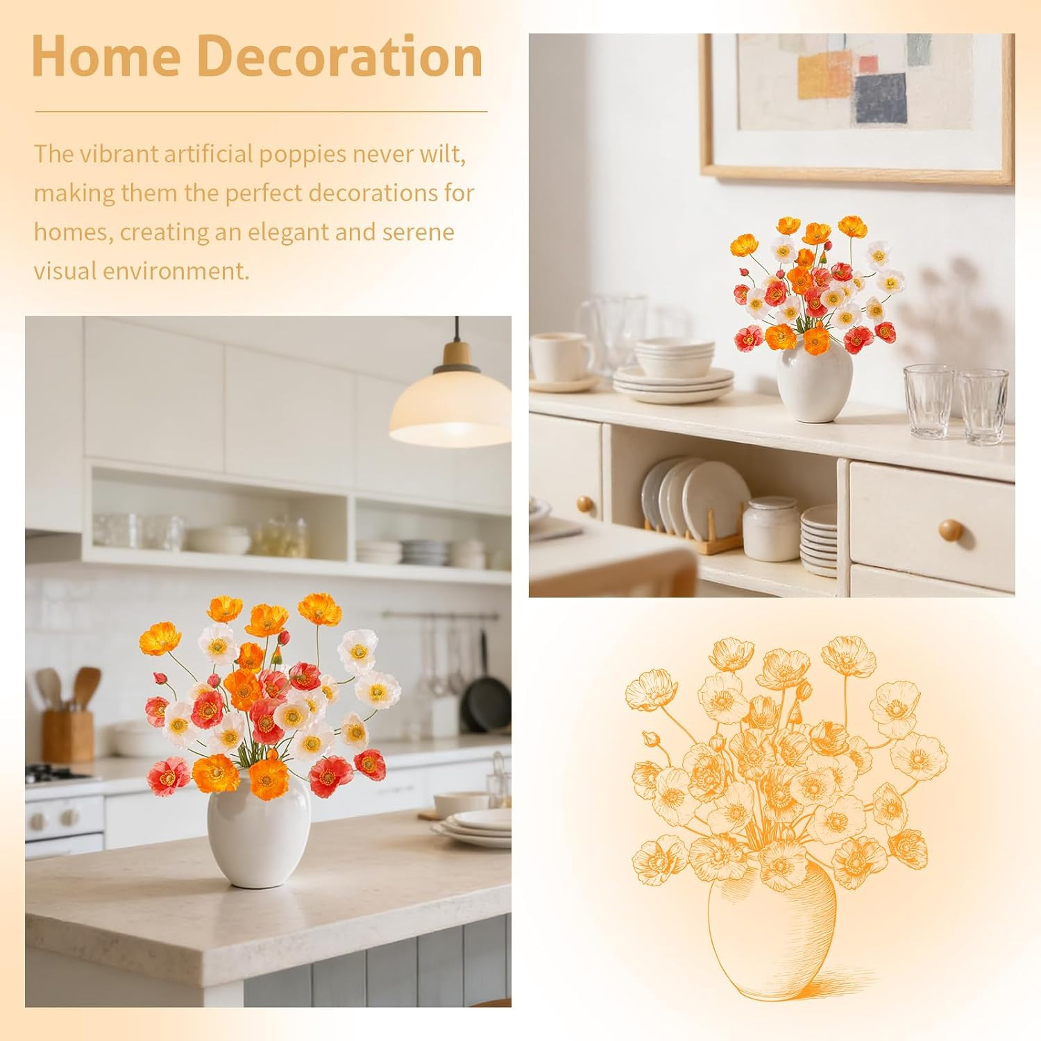 12PCS Silk Poppy Flowers Bouquet for Home Decor, Wedding & Party (Orange/Red)