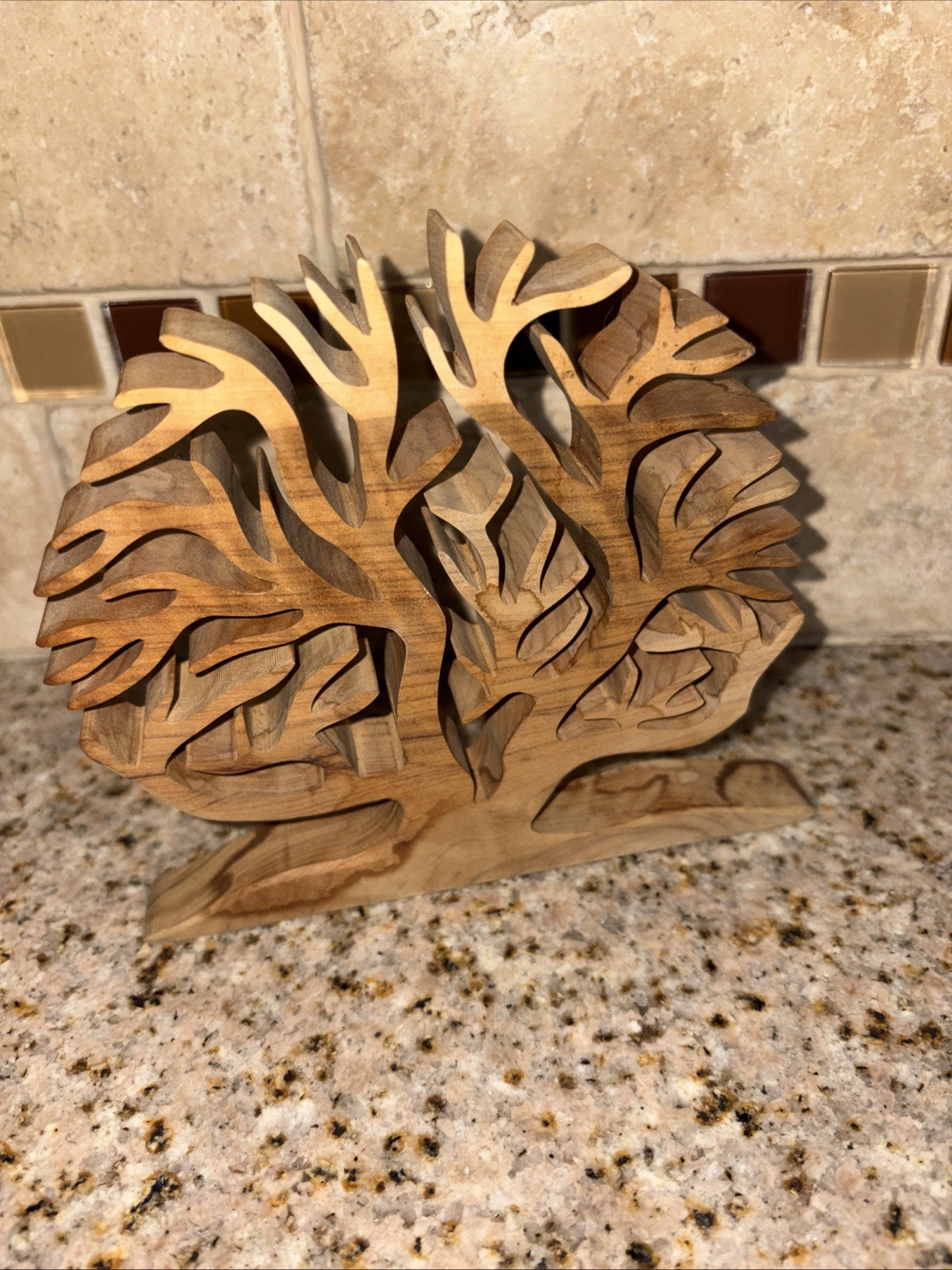 Wooden Tree Decoration has a signature on bottom – hand carved 5″ #F28