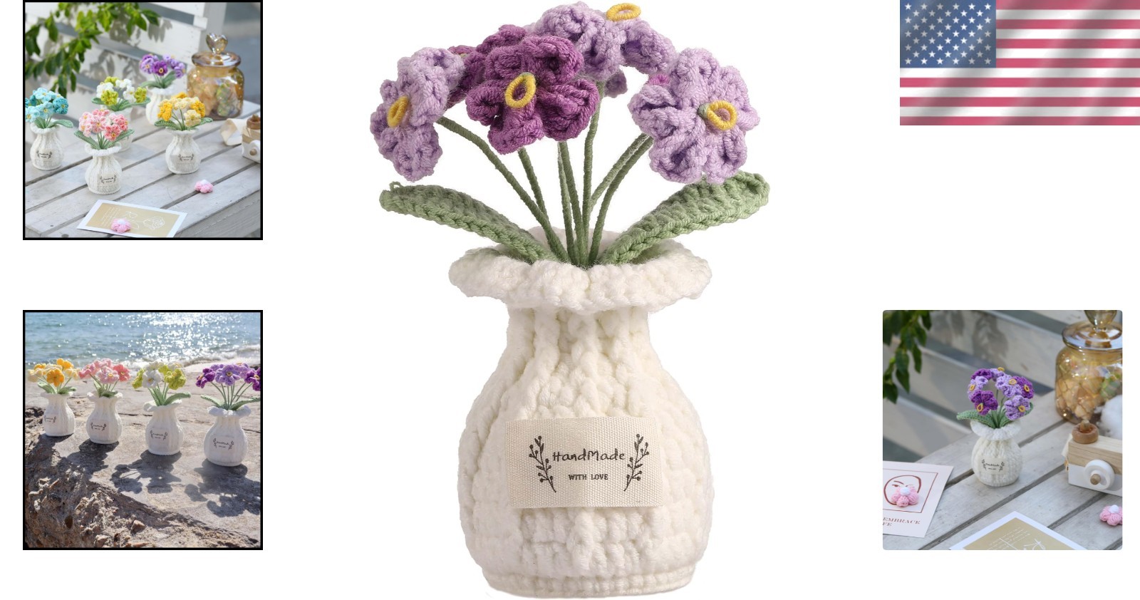 Elegant 7 Bloom Crochet Forget-Me-Not Potted Plant – Handcrafted Home Accent