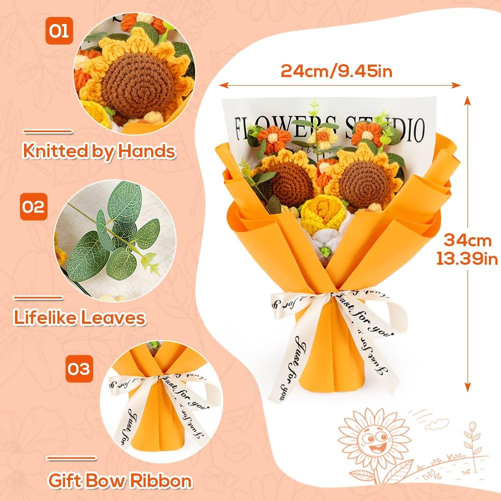 Crochet Flower Bouquet for Mom, Crochet Knitted Sunflower Gift Artificial Flower