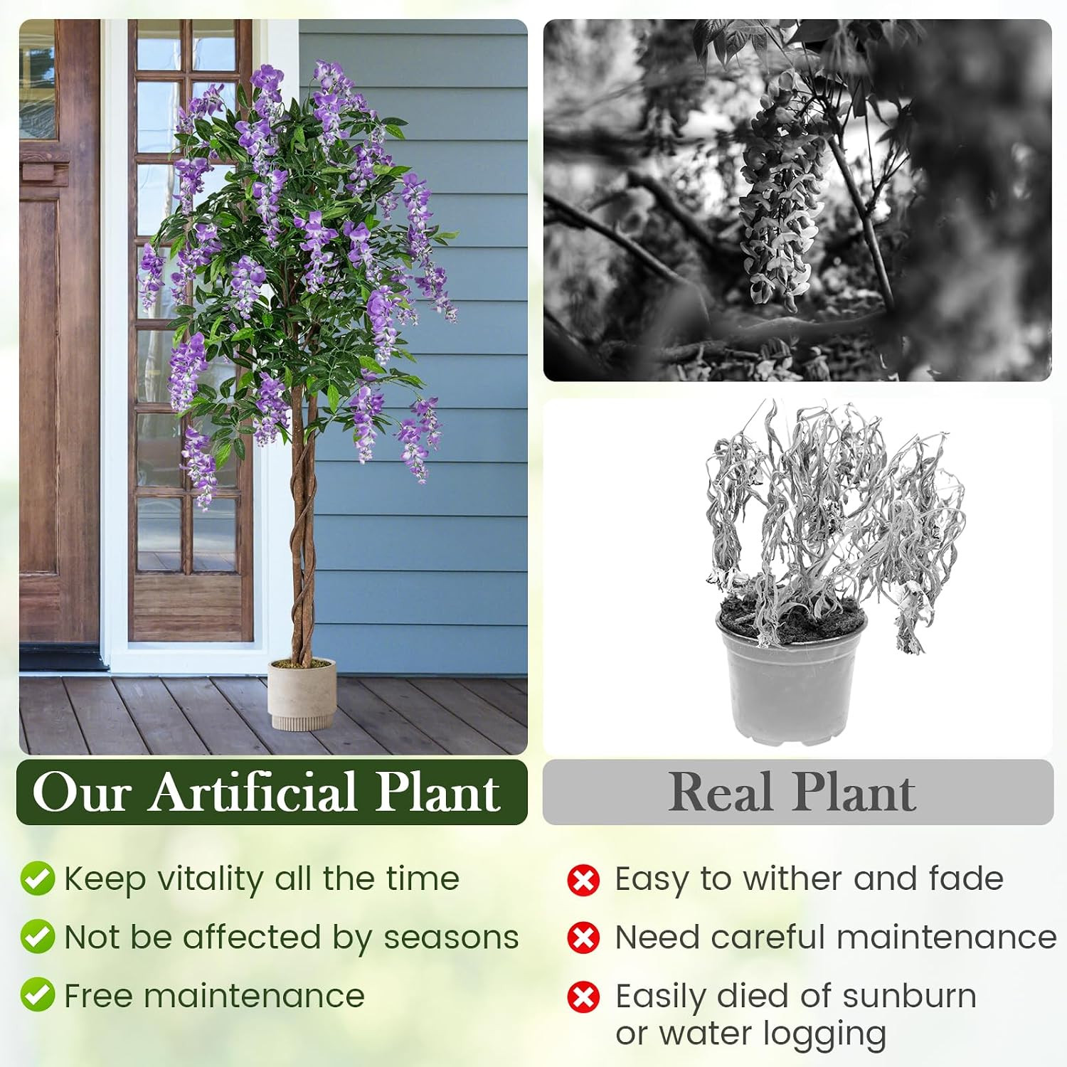 5.5FT Ficus Artificial Tree, 2 Pack Faux Wisteria Tree in Nursery Pot with Bloom