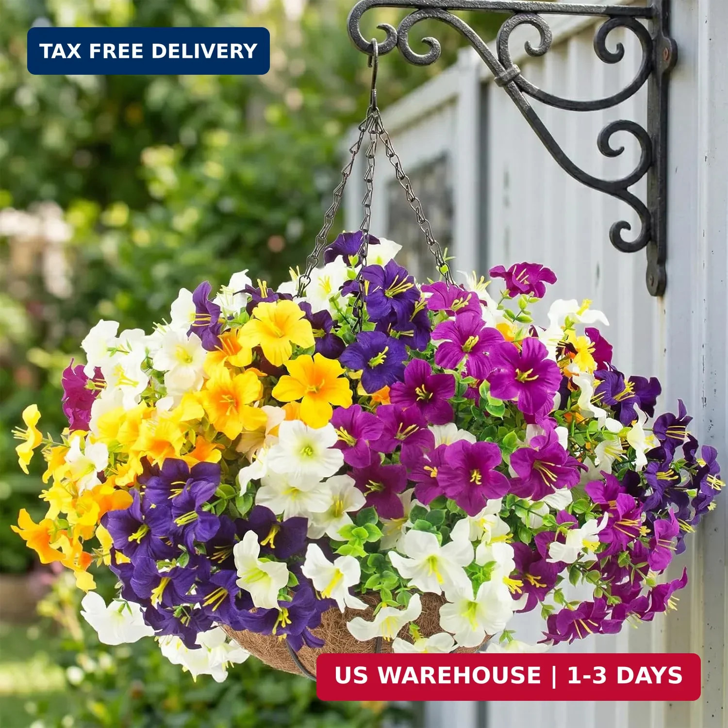 2 Set Artificial Outdoor Flowers with Hanging Baskets,24 Pcs UV Resistant Faux P