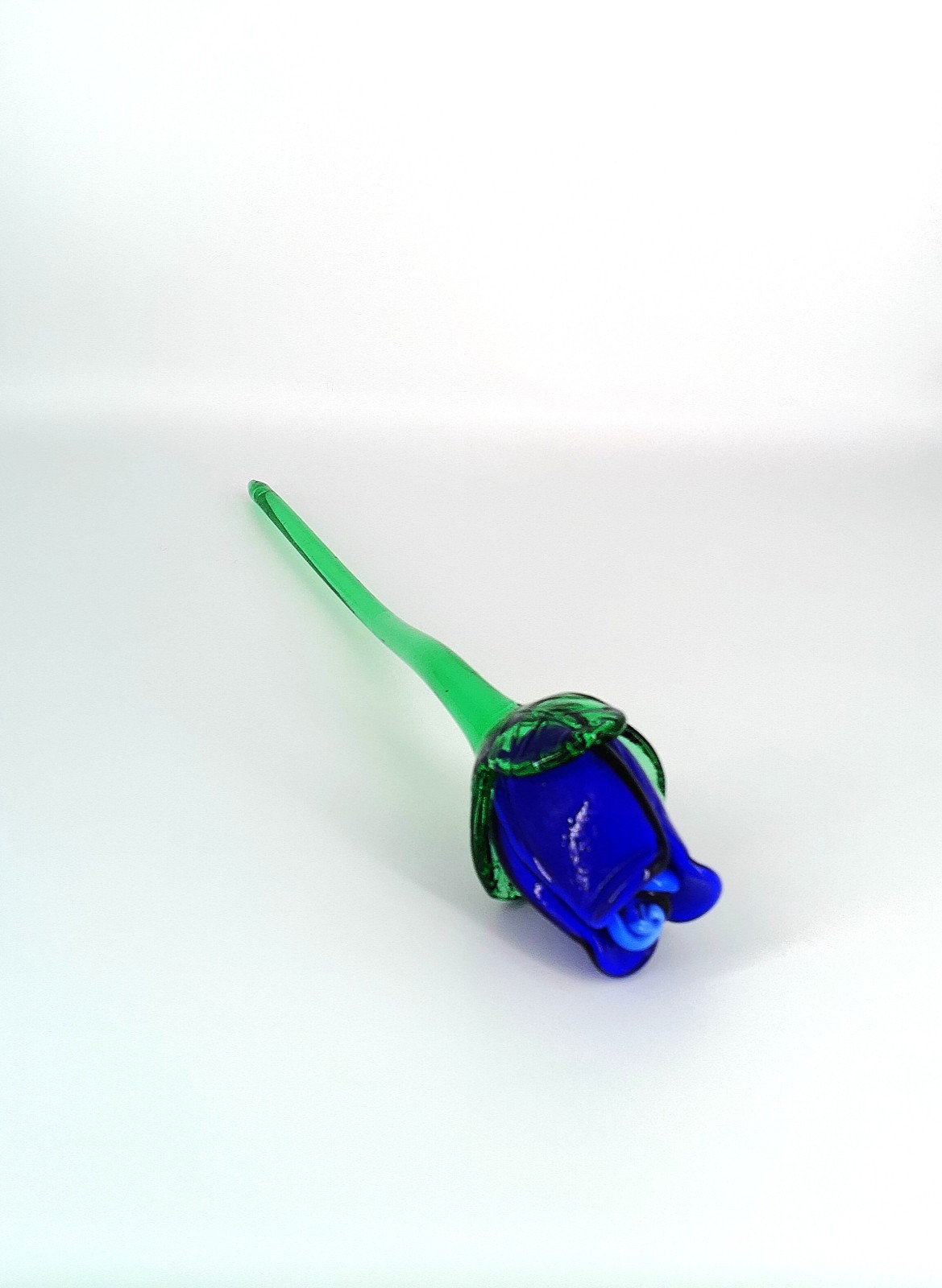 Vintage Murano Style Glass Blown Long Stem 13-3/4″ Blue Glass Rose