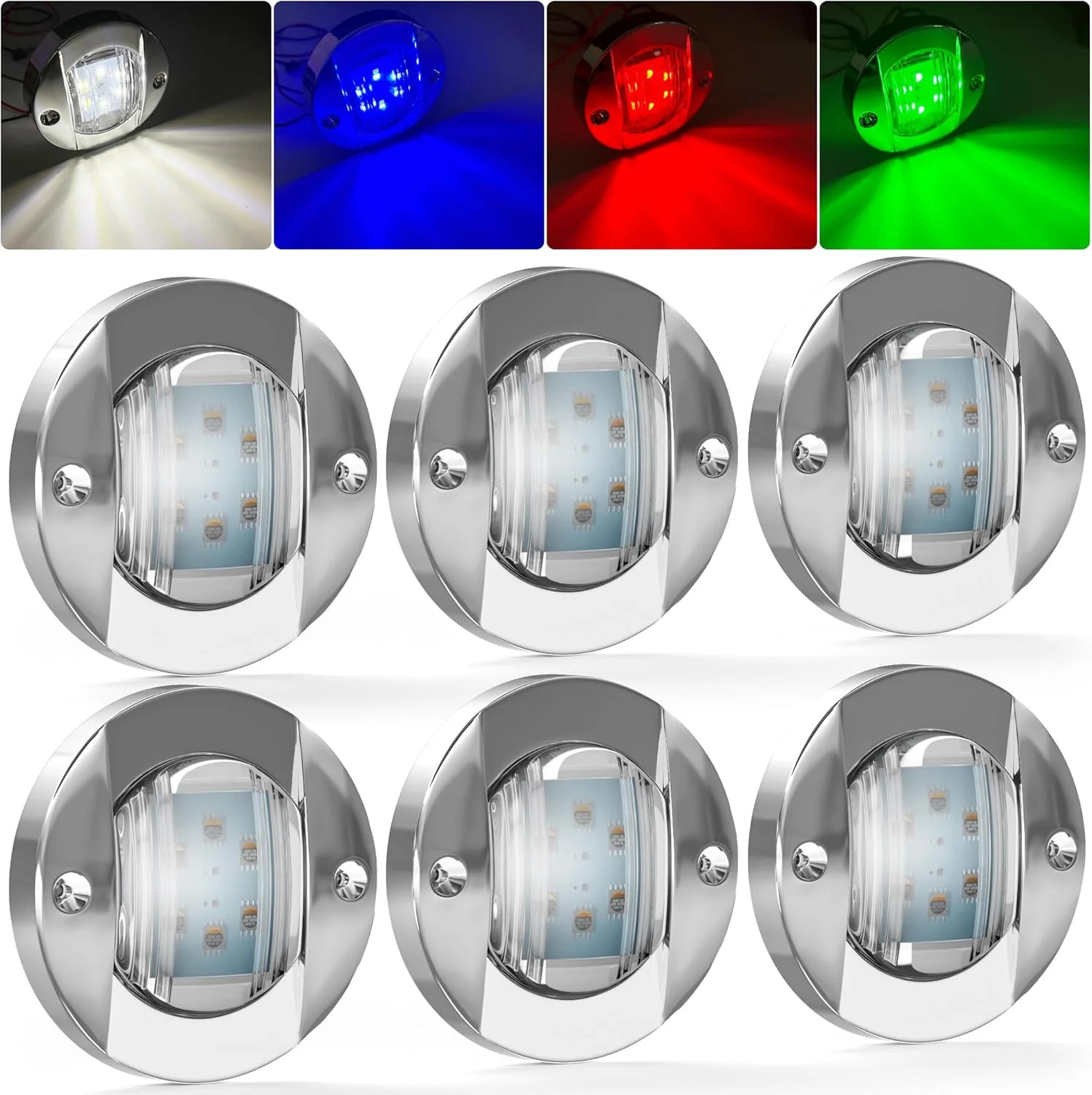 PSEQT 6Pcs 6LED RGBW Boat Courtesy Lights, 4-color 3” Round Waterproof Marine I