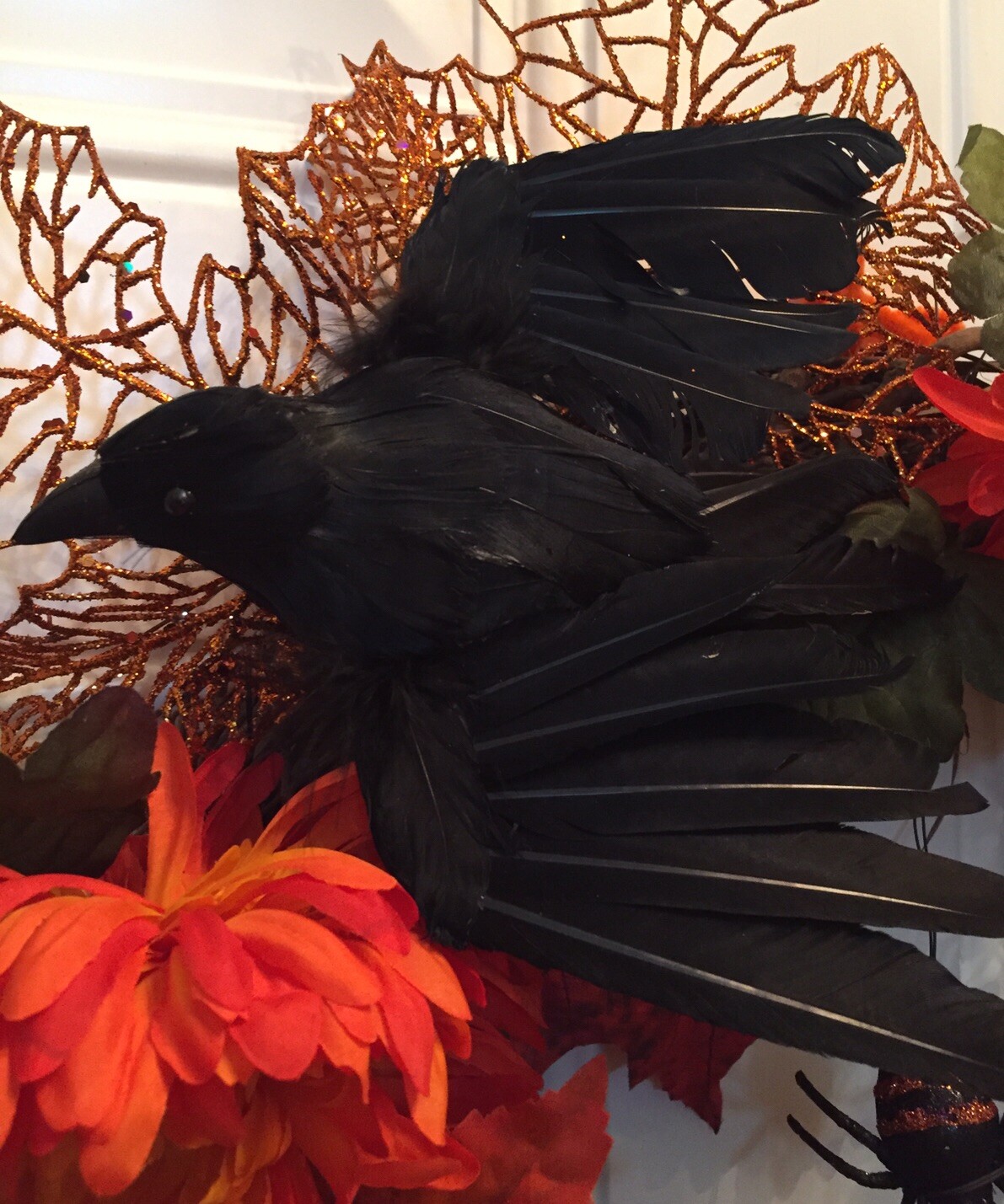 Halloween Spooky Wreath With A Black Evil Crow And Creepy Black Spiders