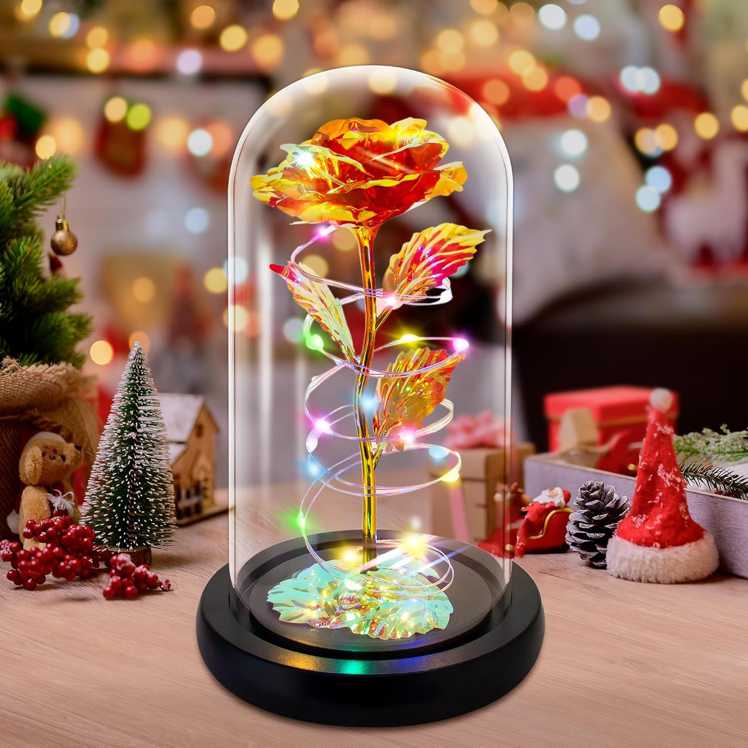 Christmas Rose Gifts, Colorful Light up Rose in a Glass Dome