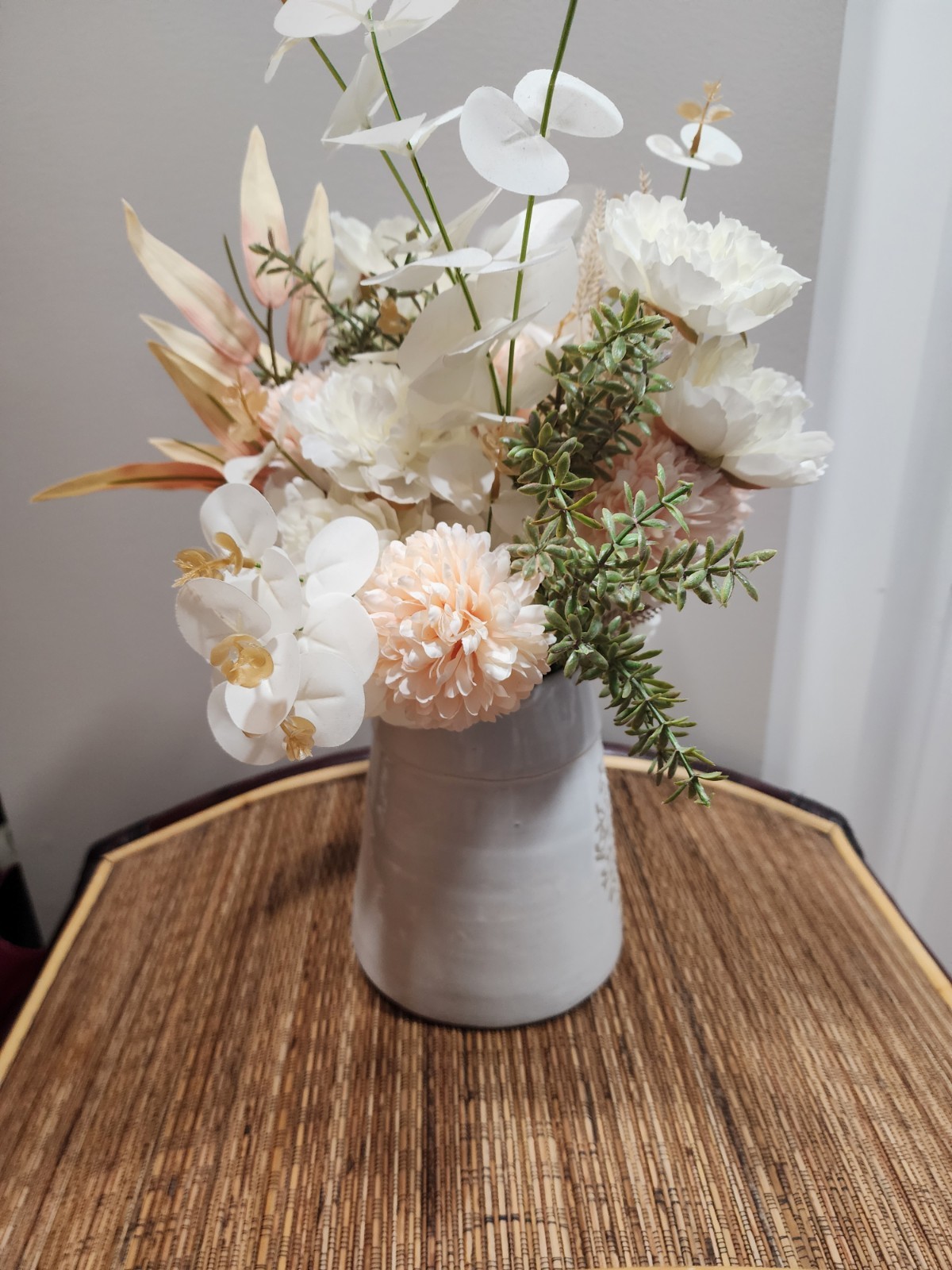 Gorgeoue Handmade Flower Arrangement in Ceramic Vase Pitcher Peach And White