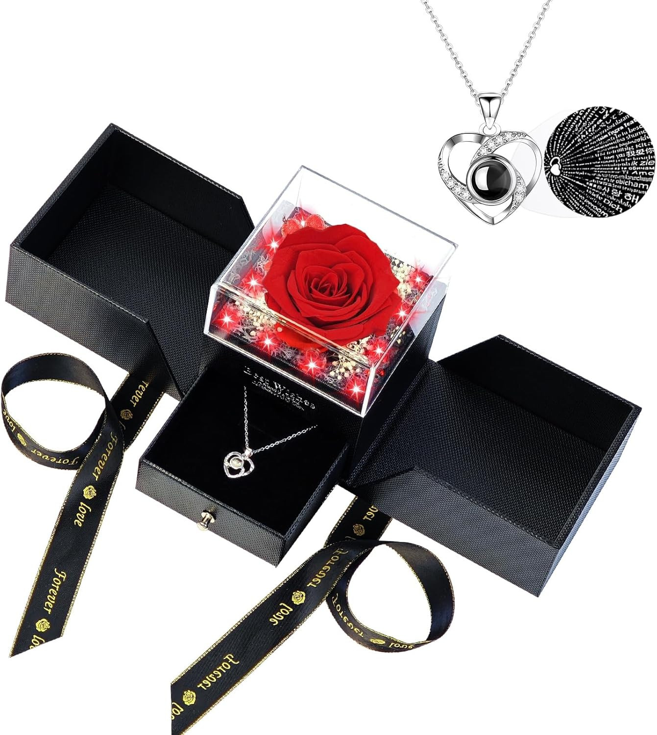 Preserved Real Red Rose with Matching Red LED Light & 100 Languages Necklace – E