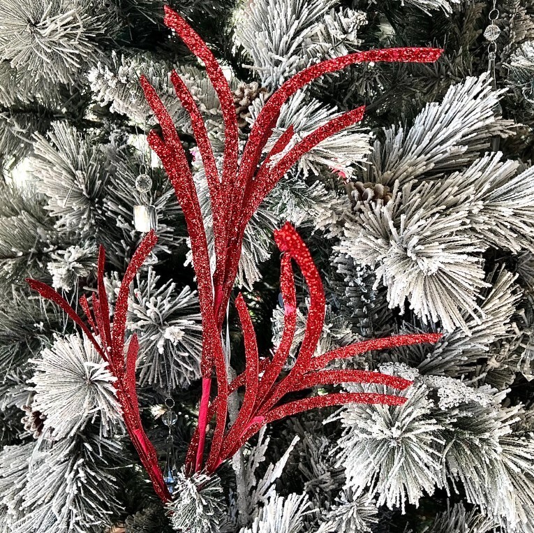 Christmas Glittered Paper Grass Red Spray Pick Holiday Tree Accents 4 Count