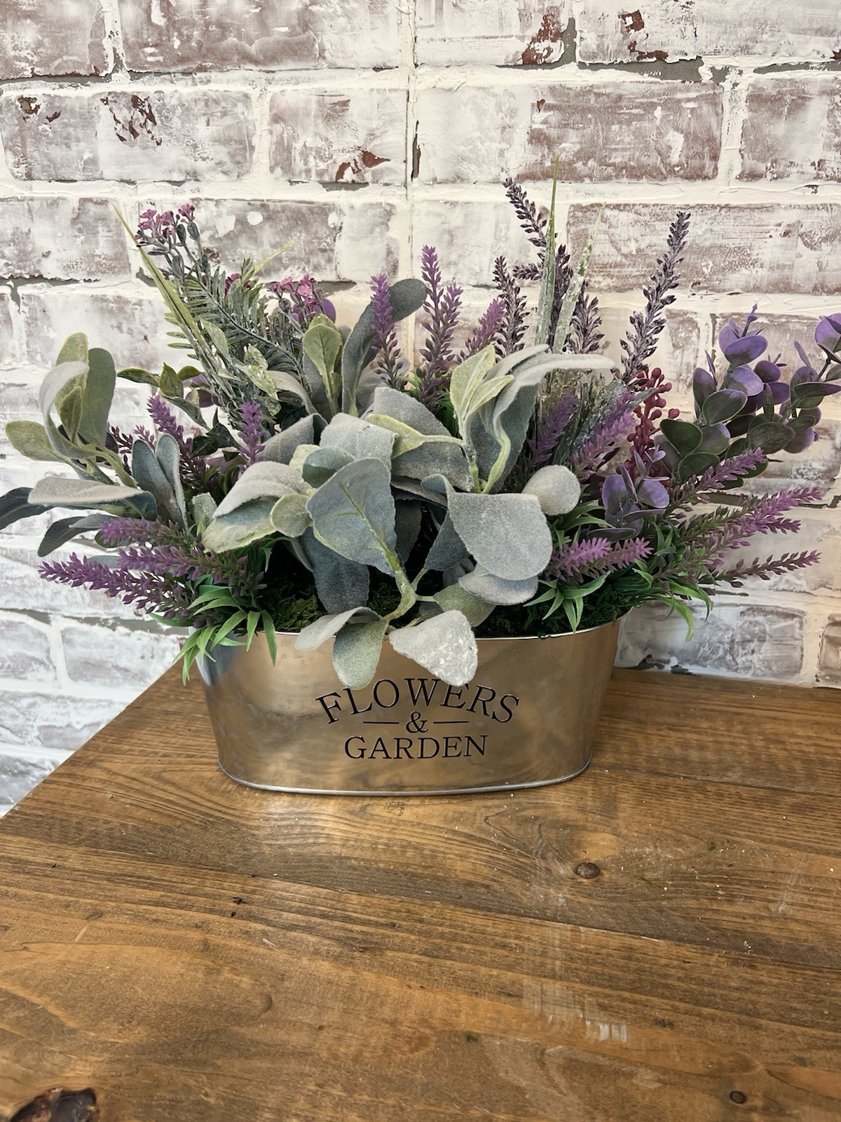 Lavender And Lambs Ear Floral Arrangement In A Galvanized Metal Container.