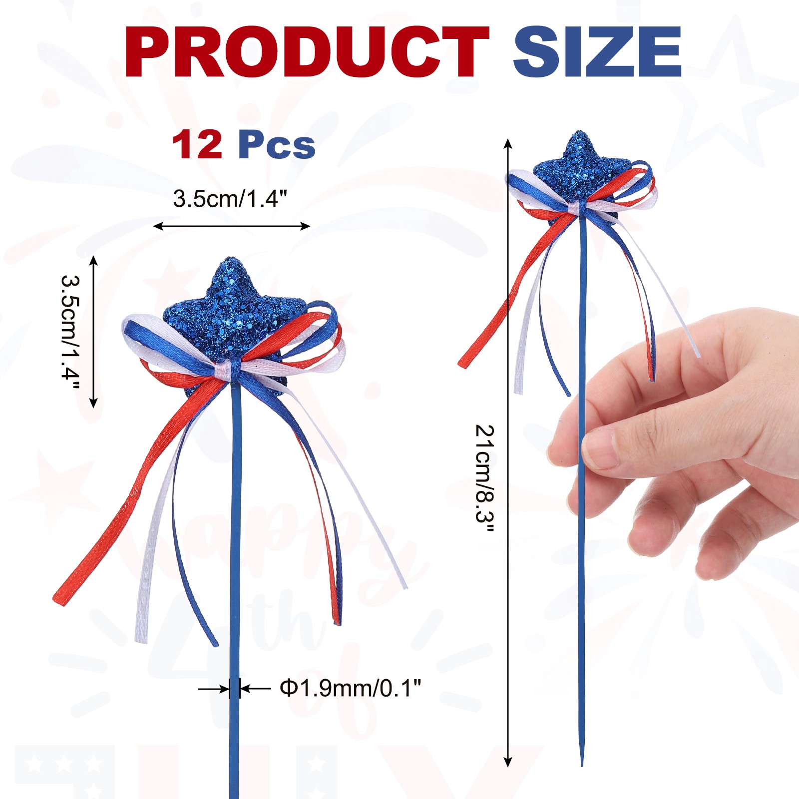 12 Pcs 4th of July Glitter Star Picks 8″ Sparkly Sticks with Bowknot (Navy Blue)