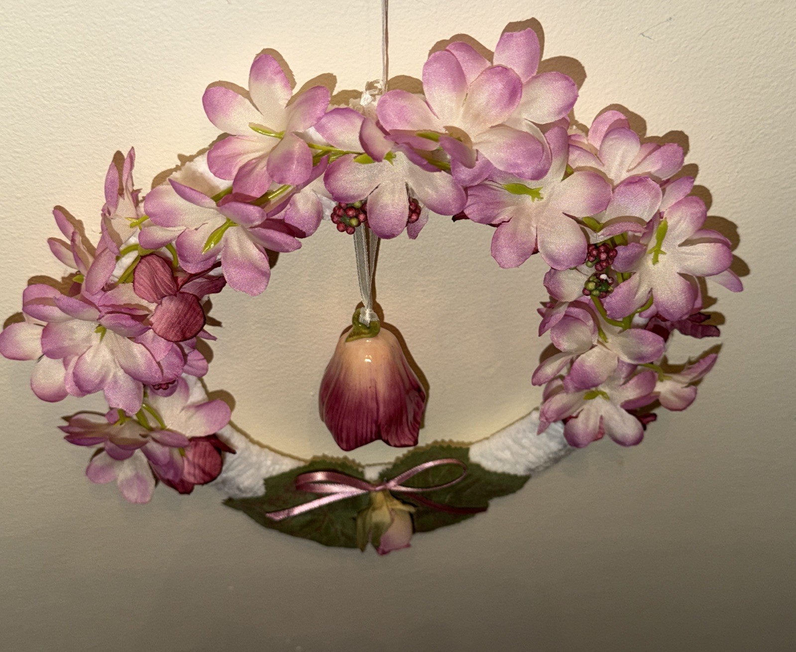 Pink Cherry Blossom Silk Floral Wreath W/Bell-Shaped Dangle Ceramic Flower Cheni