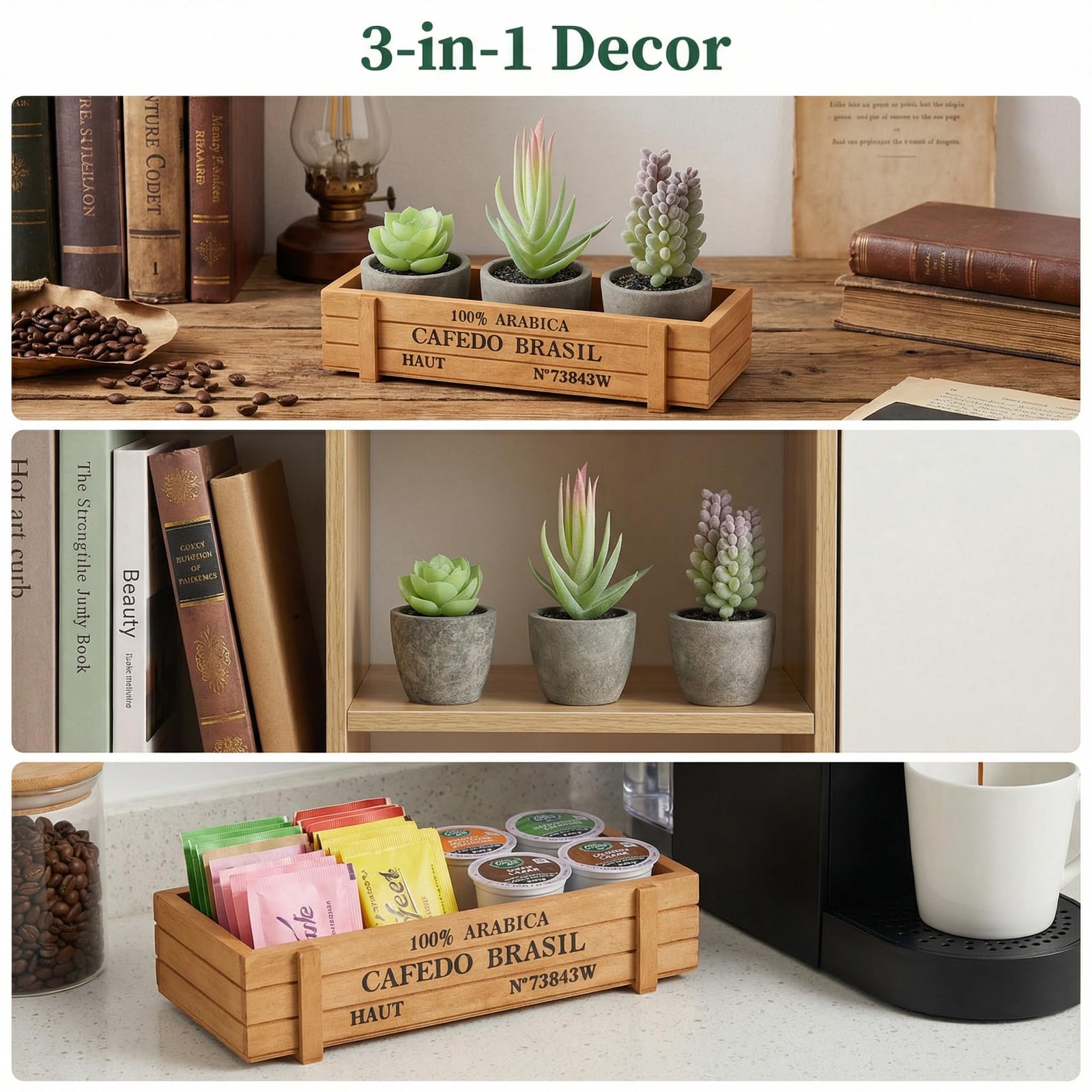 3 PCS Mini Potted Artificial Succulent Faux Plants With Wood Planter Box