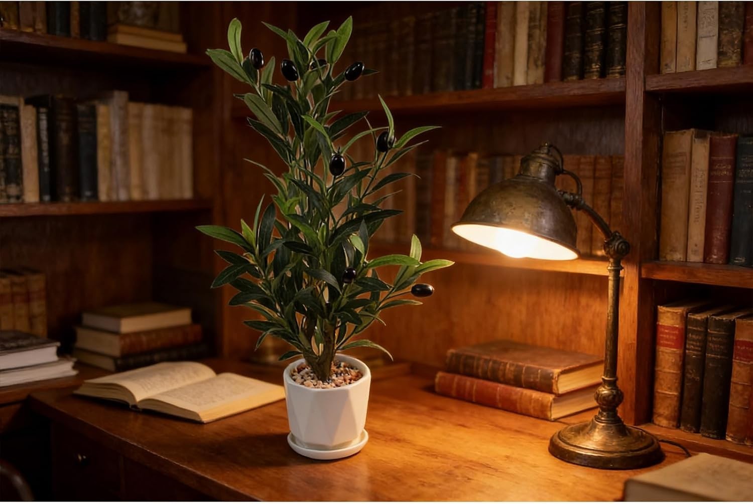 Fake Olive Tree with Pot Indoor, 22″ Artificial Olive Tree Stems Potted Green…