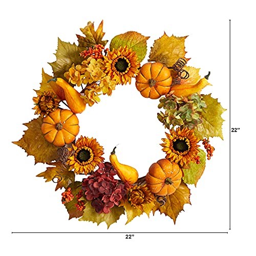 22in. Autumn Hydrangea, Pumpkin and Sunflower Artificial Fall Wreath
