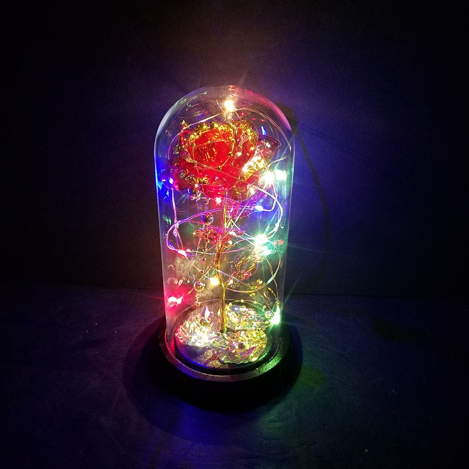 Faux Iridescent Rose Glass Display Dome Lighted RGB White Home Decor 8.5″ Tall