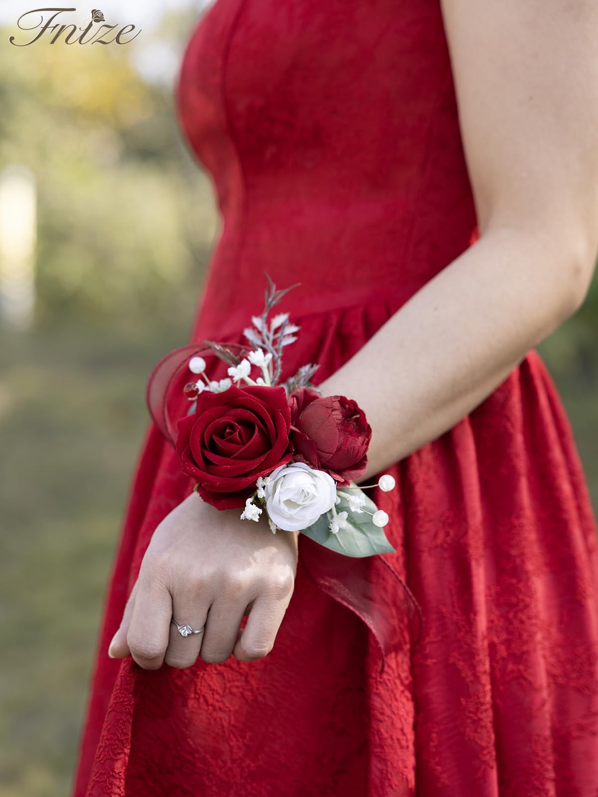 Red Silk Wrist Corsage Boutonniere Set Faux Rose Peony Wedding Prom Party