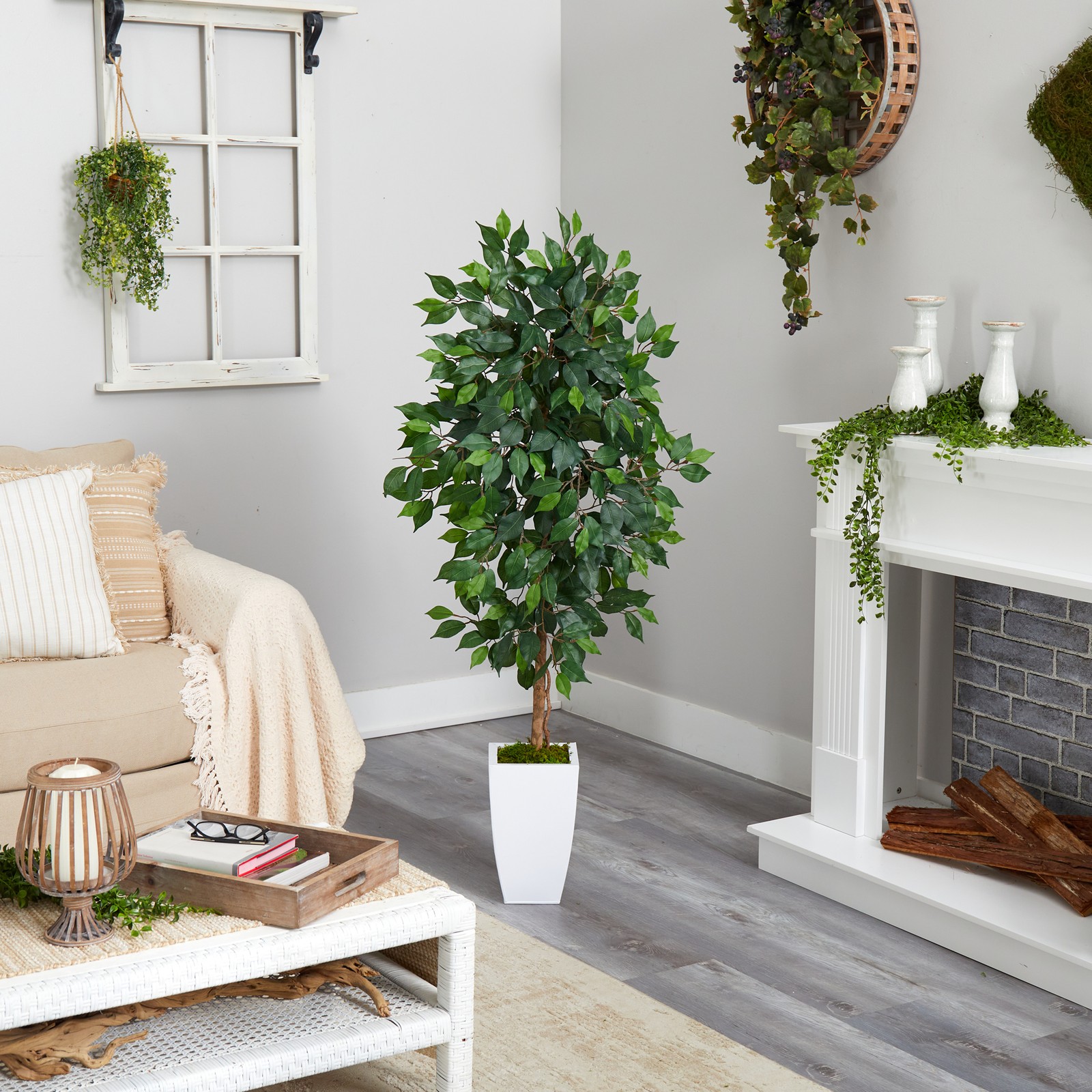Nearly Natural 4.5ft Ficus Artificial Tree in White Metal Planter in Green