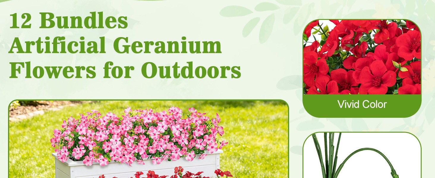 12 Pcs Artificial Geranium Flowers for Outdoors, Silk Fake Flowers with