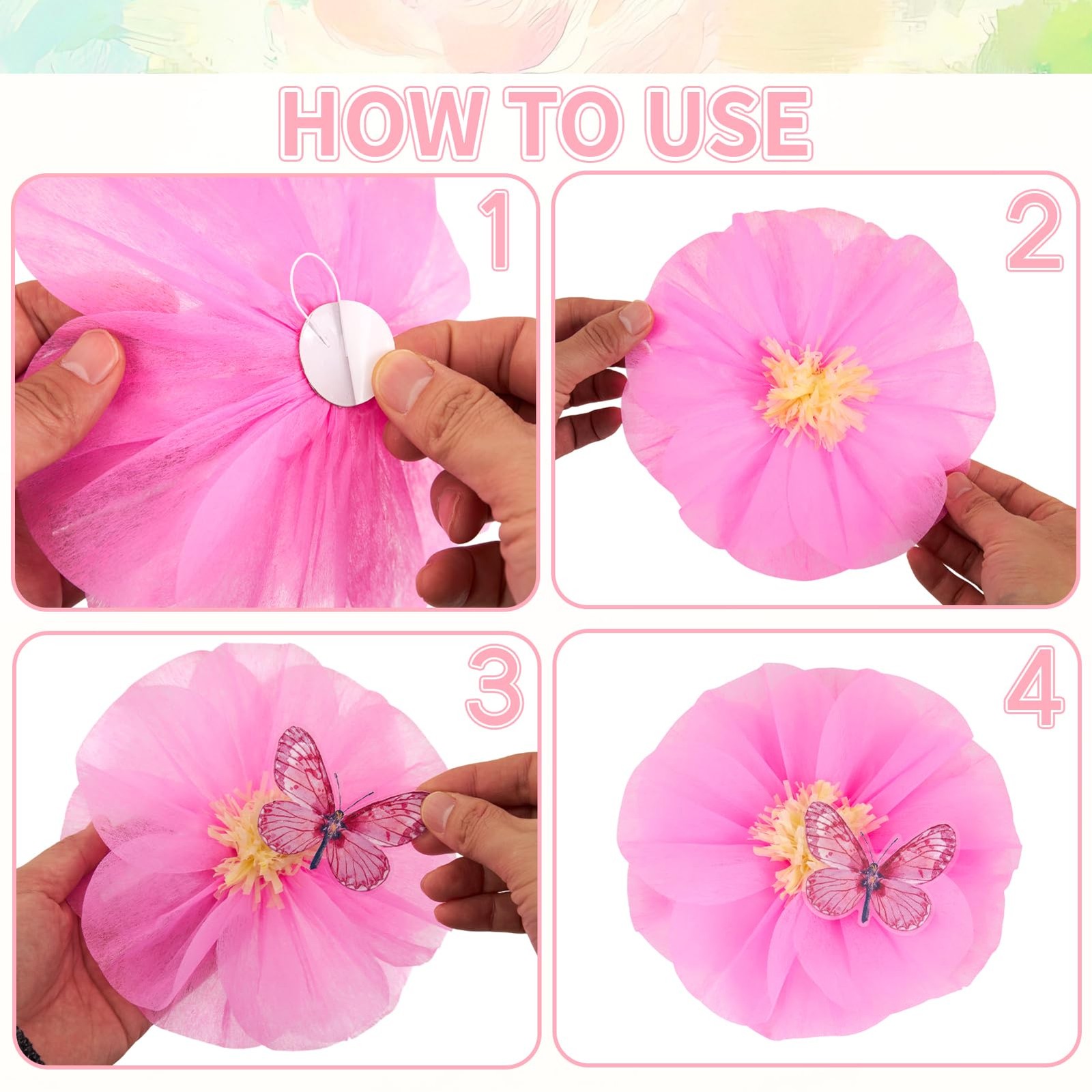 Large Paper Flower Decorations with 3D Butterfly Stickers Pink Yellow Giant T…