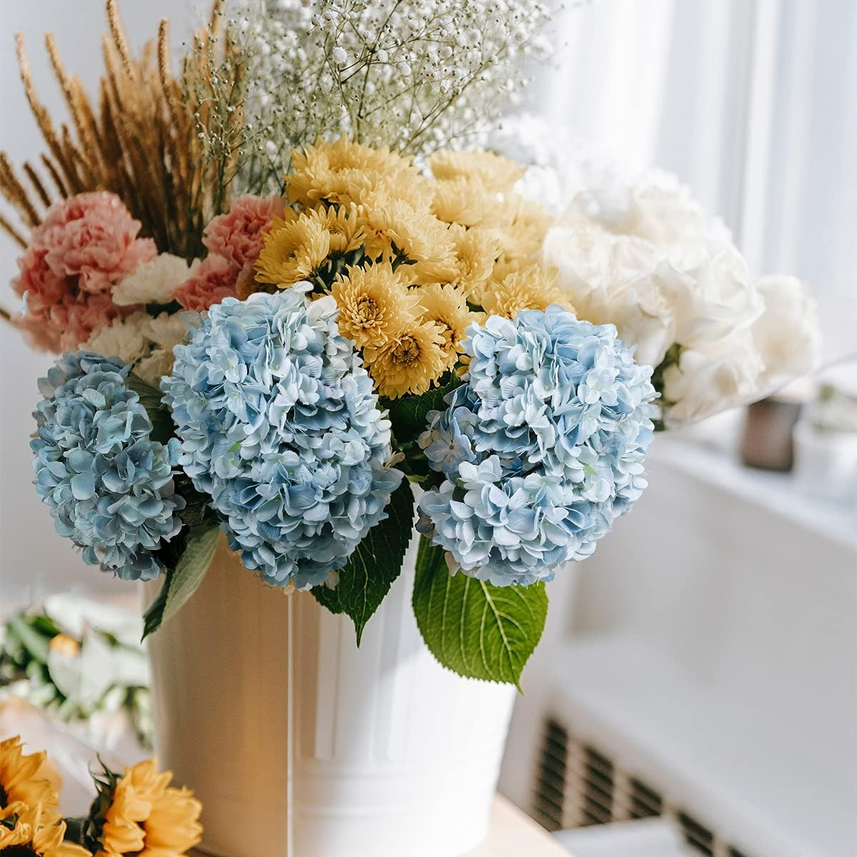 Blue Hydrangea Artificial Flowers 6pcs Faux Hydrangea Flowers, Fake Flowers for