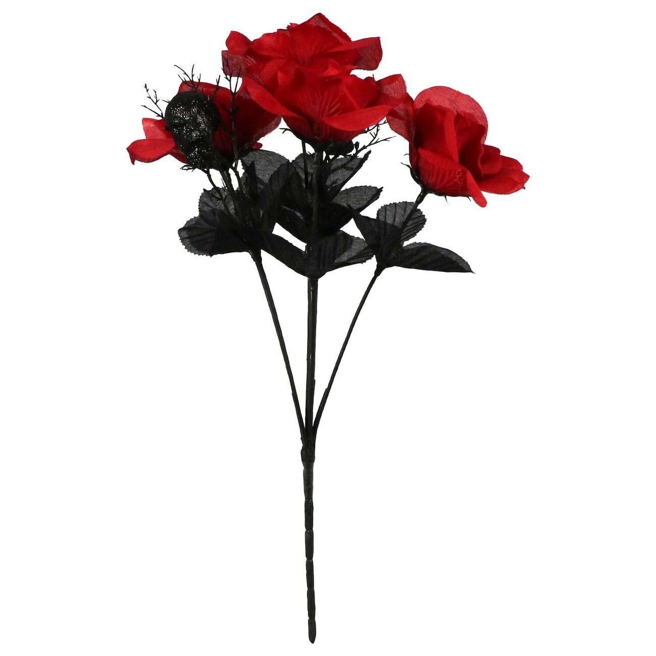 6 Stem Black With Silver Glitter Skulls OR Red Rose Bush with Black Skulls 14″