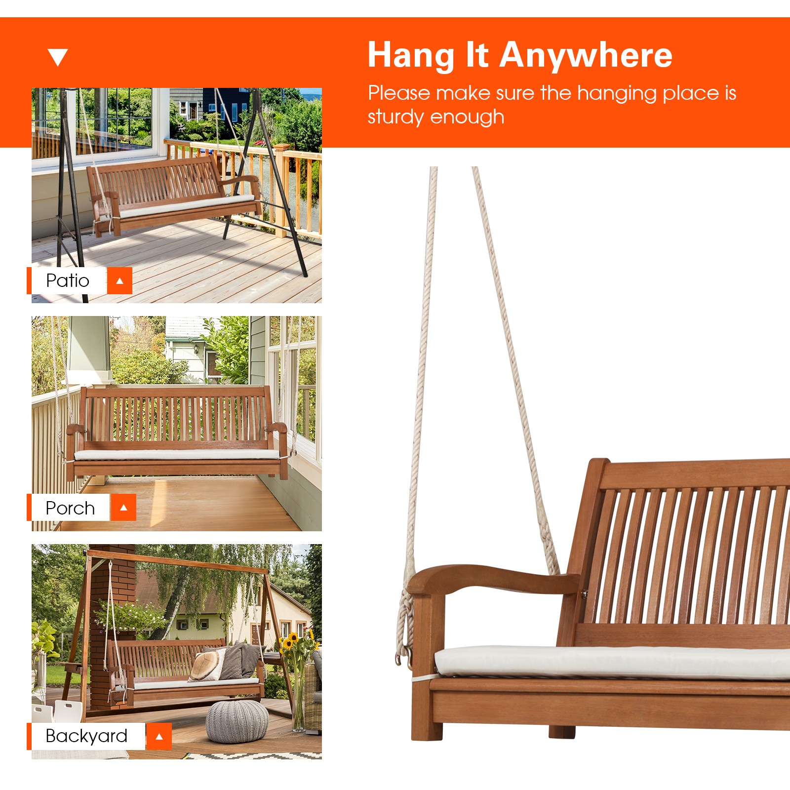 2-Person Porch Swing Bench Wooden Swing w/ Ergonomic Backrest & Seat Natural