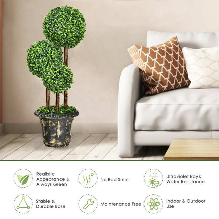 36″ Artificial Topiary Triple Ball Tree In/outdoor Fake Home Decor Potted Plant
