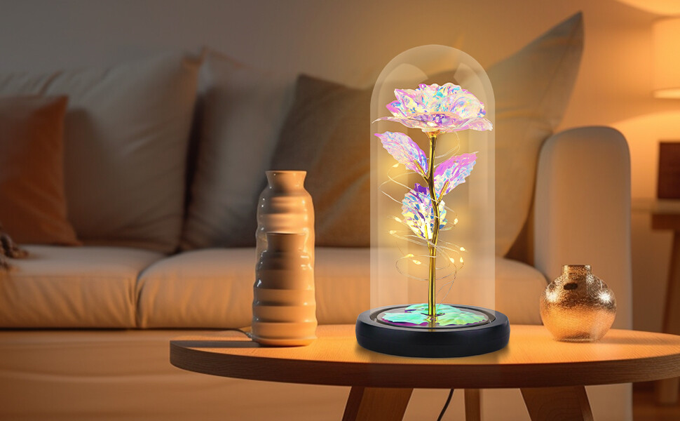 Eternal Rose Flowers with LED Light in Glass Display Case