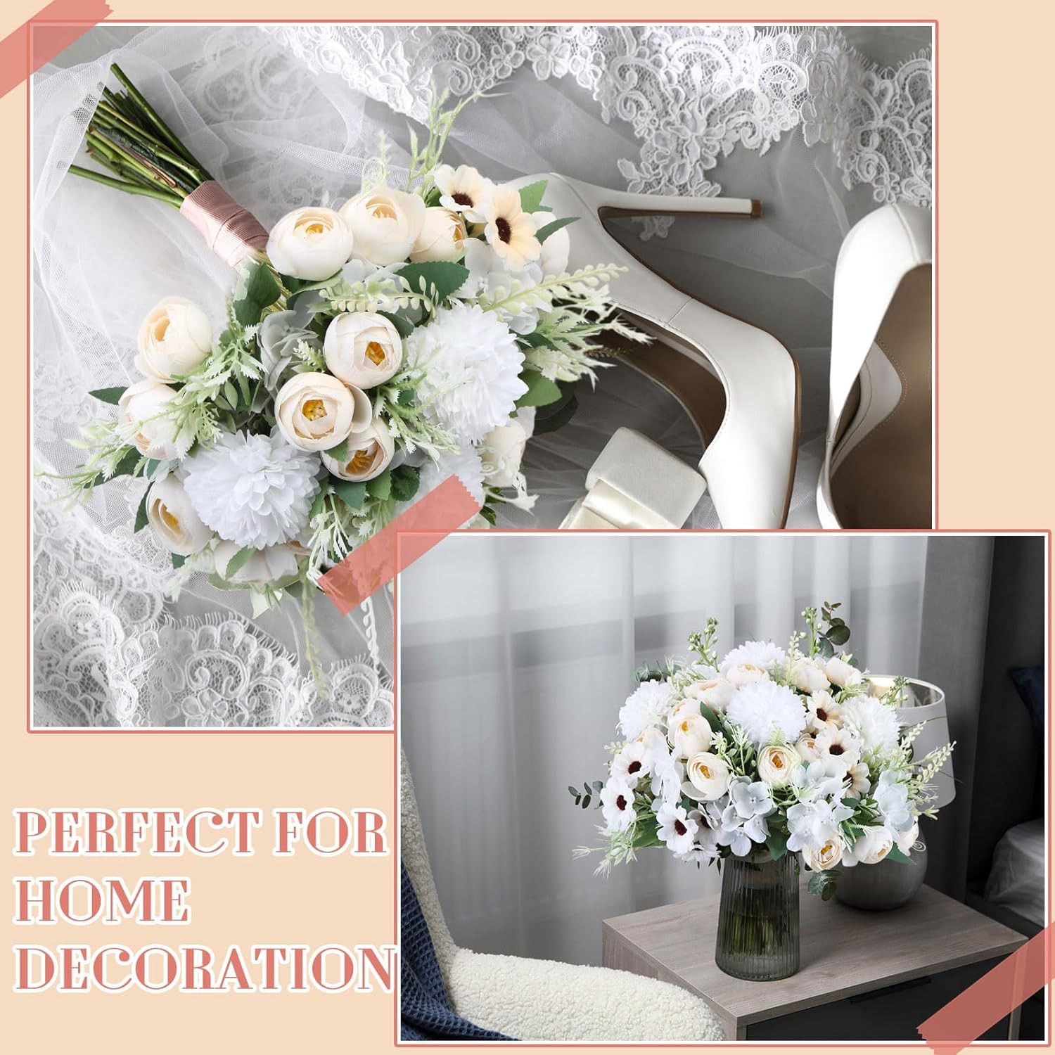 24 Bundles Faux Peonies & Roses Bouquet for Wedding & Home Decor – Champagne Whi