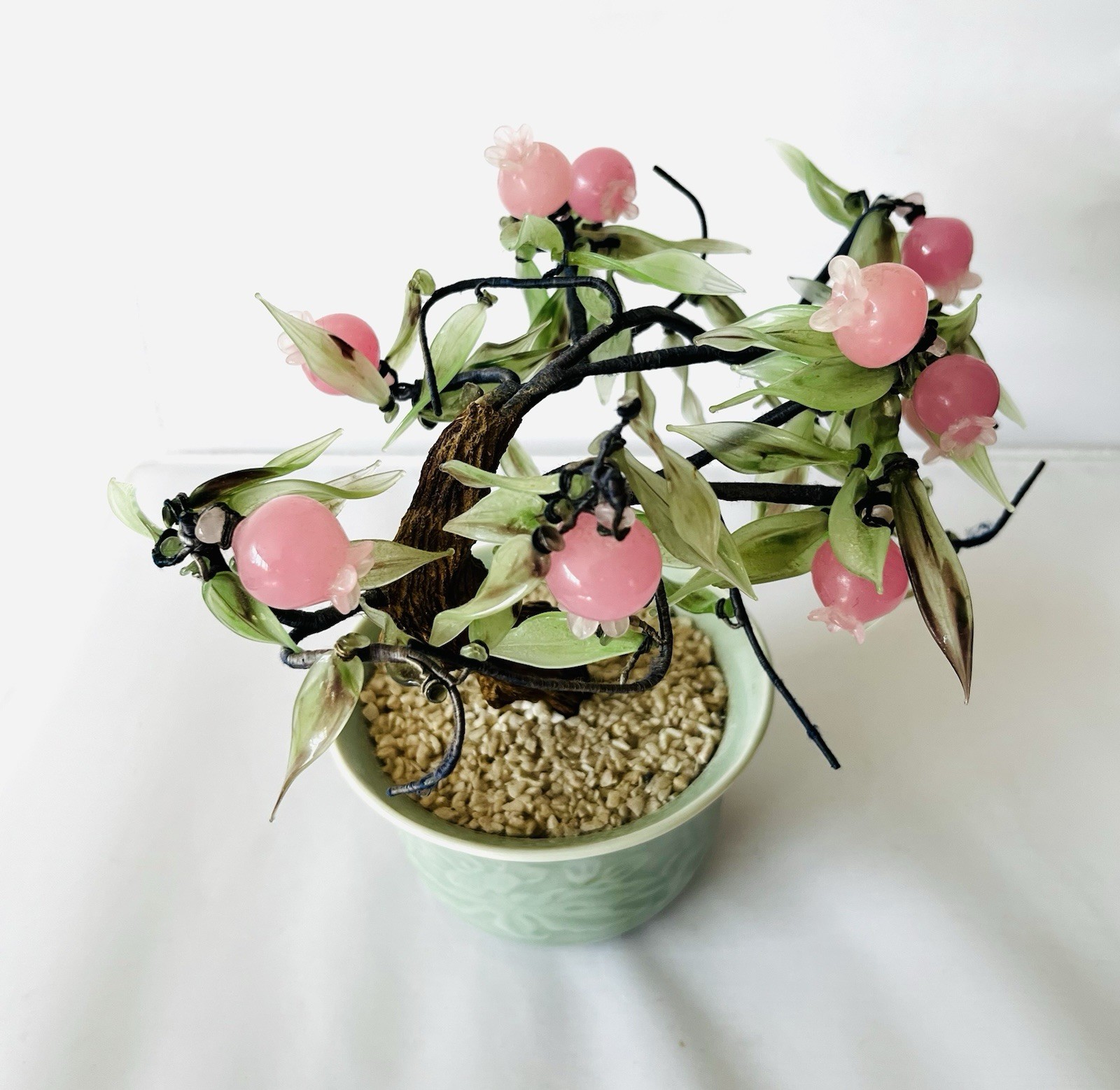 Vintage Pink Cherry Blossom Flower Plastic Bonsai Tree Celadon Planter