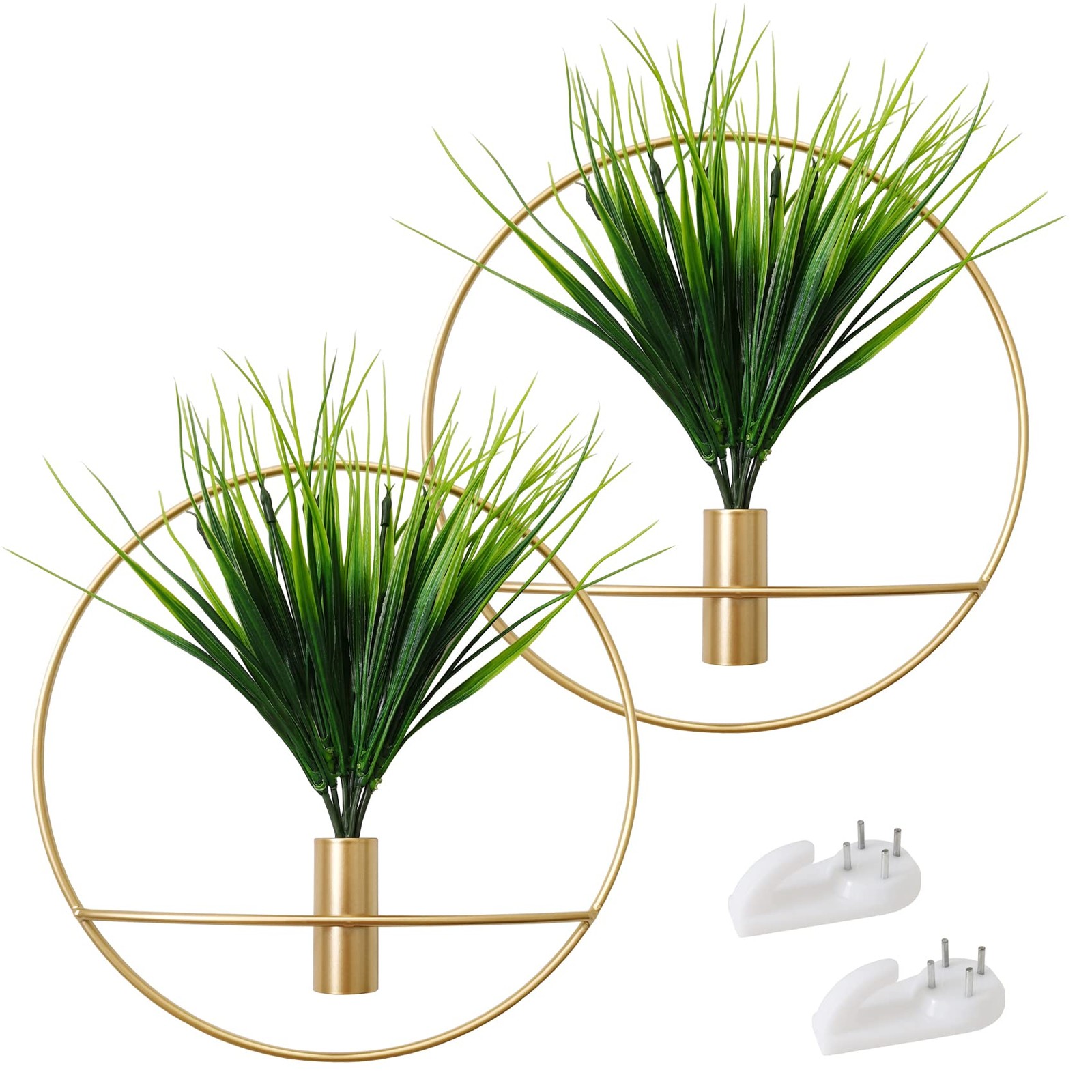 Set of 2 Artificial Plants with Gold Metal Round Hanging Hoop for Wall Decor,…