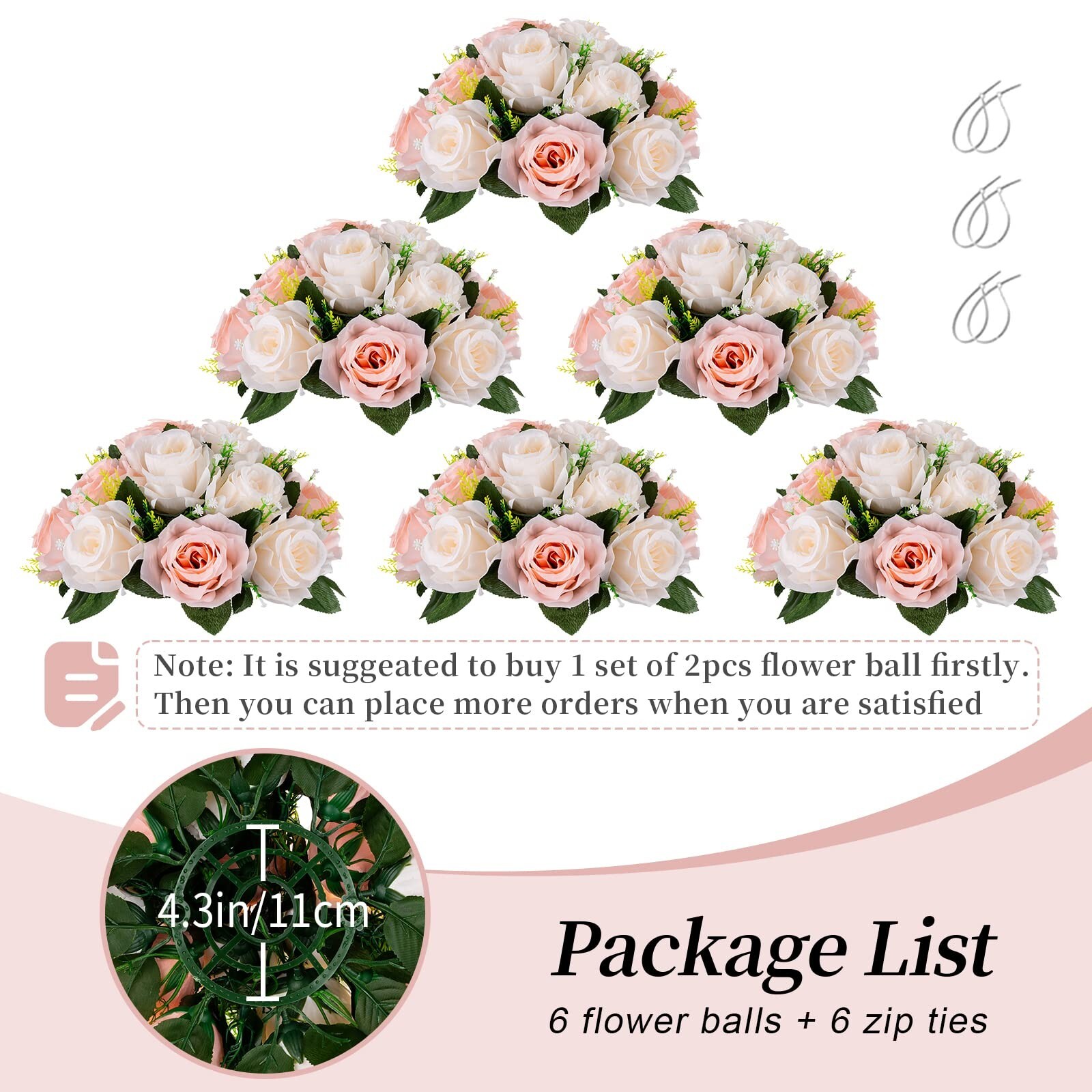 BLOSMON Flower Balls Wedding Rose Centerpieces 6 Pcs Blush & Cream White Fake…