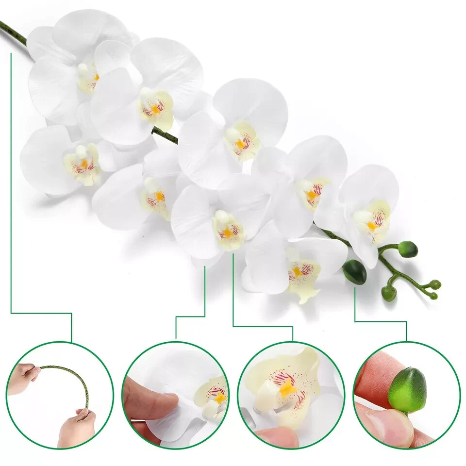 FLOWERY 2 Pcs 38’’ Artificial Real Touch Orchids Flowers 9 Heads Latex White