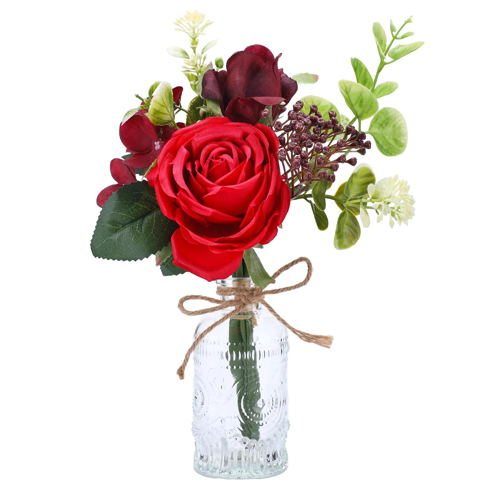 Small Red Artificial Flowers in Vase Fake Plants Faux Silk Arrangement
