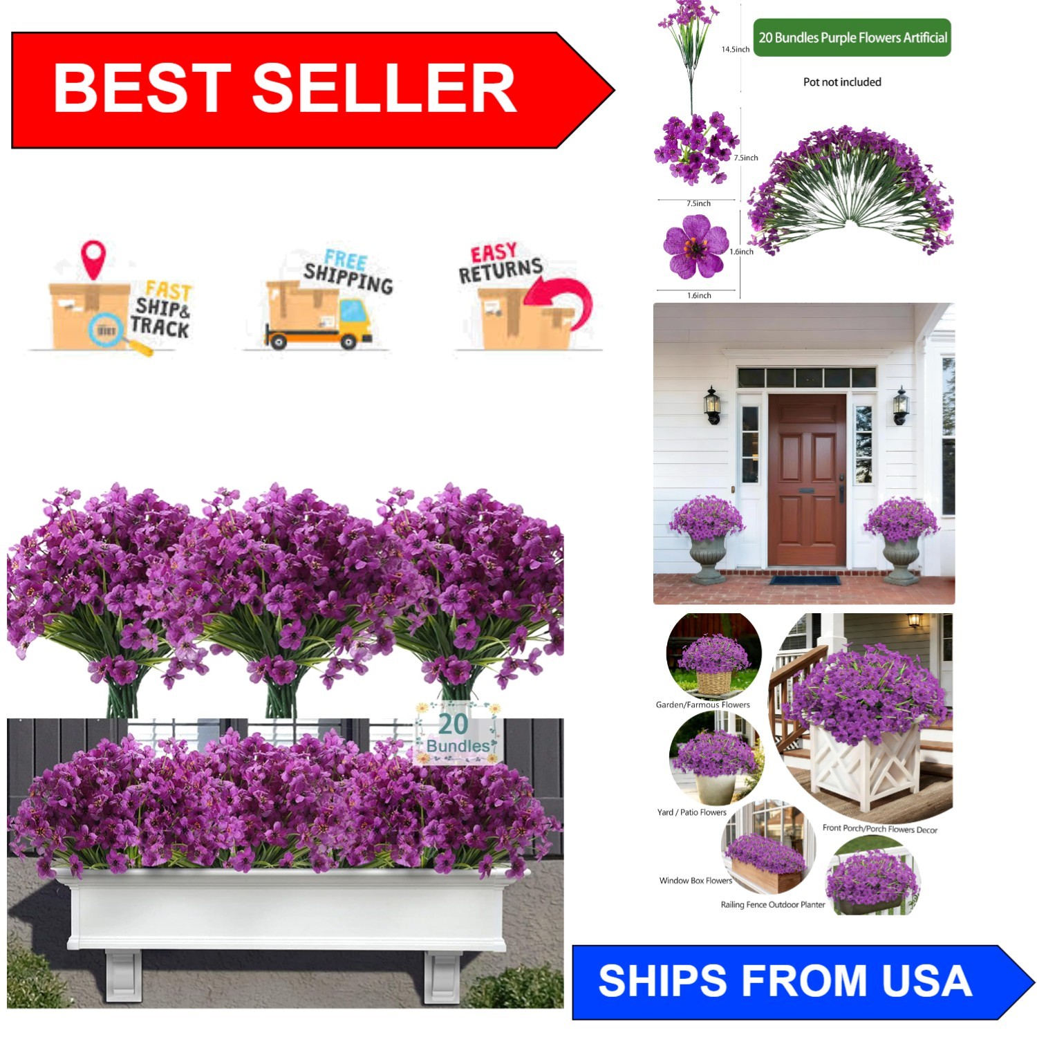 20 Bundles of UV Resistant Purple Artificial Flowers for Vibrant Outdoor Decor