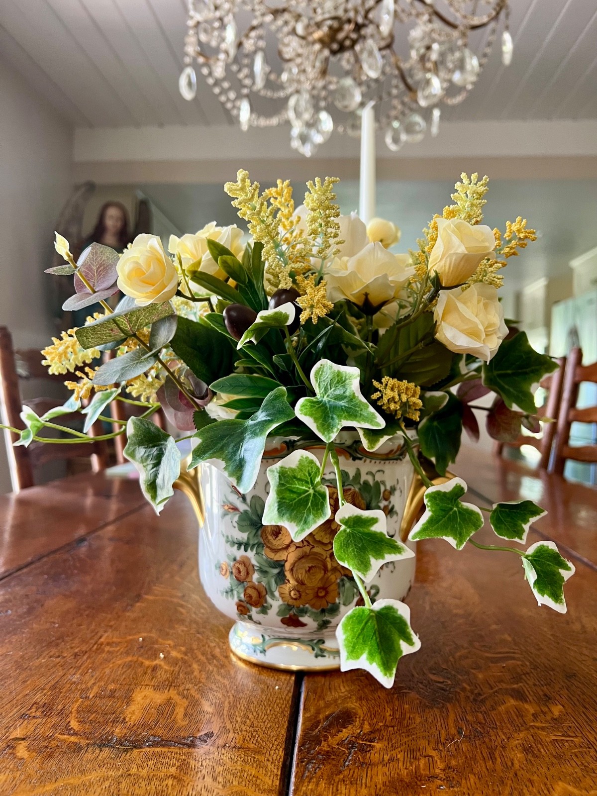 Floral Arrangement- Silk With Vase Antique Limoges Hand Painted w Roses & Ivy