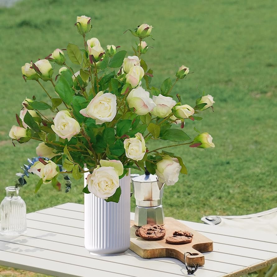 6 Pcs Ivory Rose Artificial Flowers Real Look, 25.6” Fake Faux Silk Roses wi…