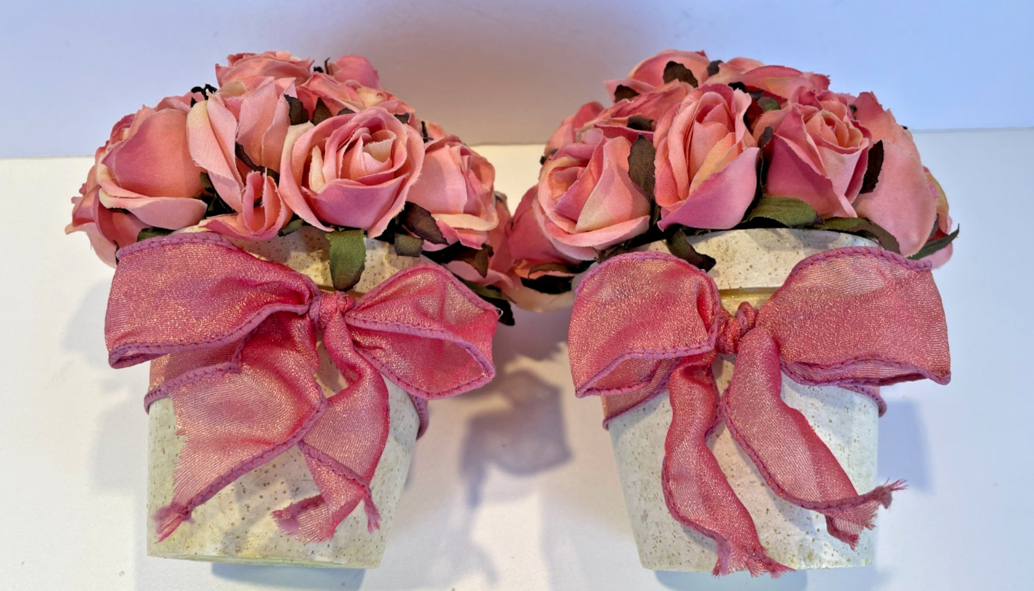 Beautiful Set of 2-Silk Pink Roses in Faux Clay Pots Home Accessory Decor
