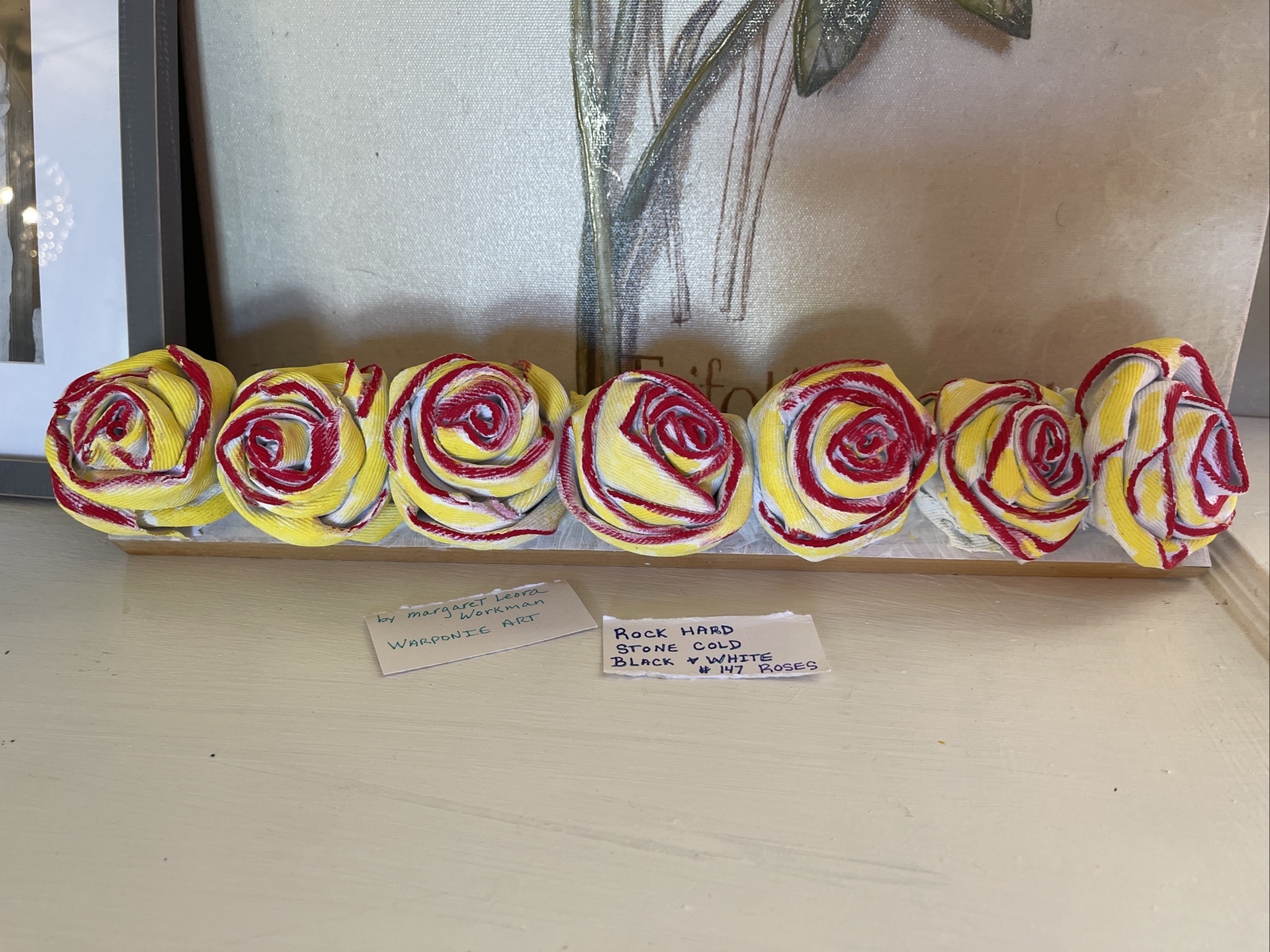 handmade Shelf Sitter Roses On Wood 15.5x 3.5