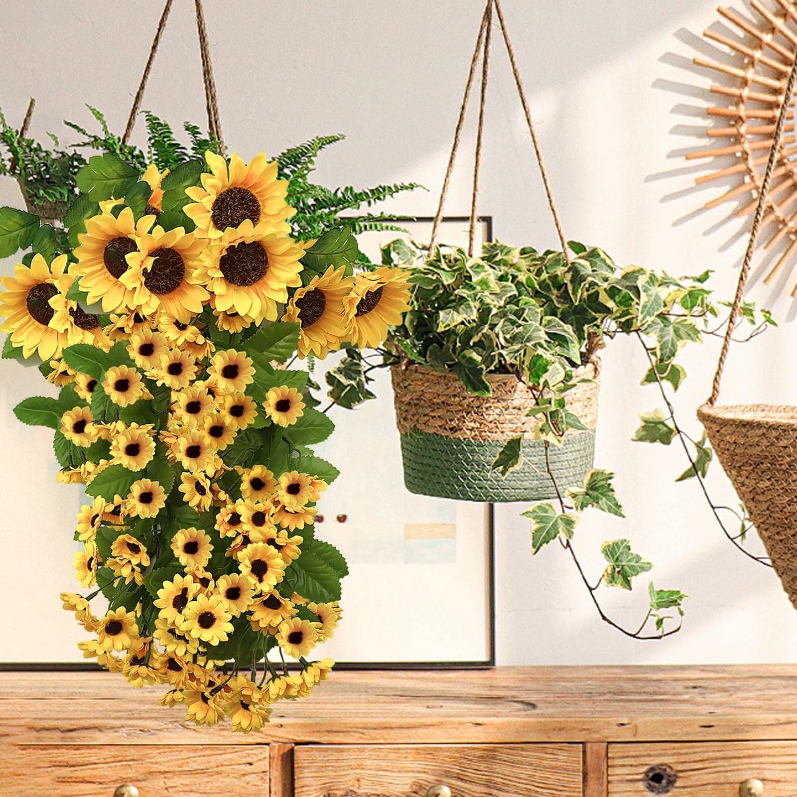 Daily Treasures 2PCS Artificial Hanging Flower,176 Realistic Silk Sunflowers …