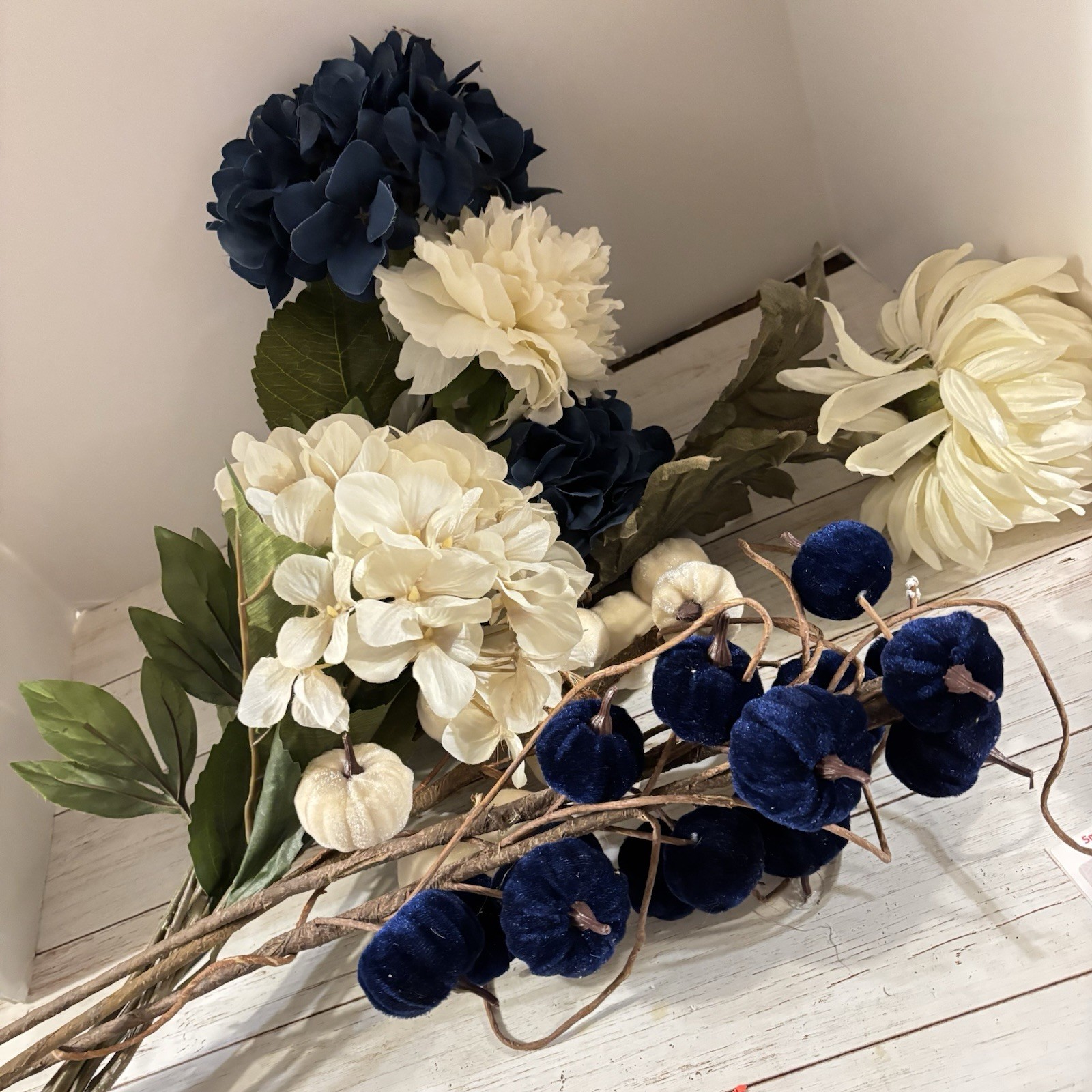 Long 31” Stem Huge Silk Variety White, Blue Flowers & Navy Long Stem Pumpkins
