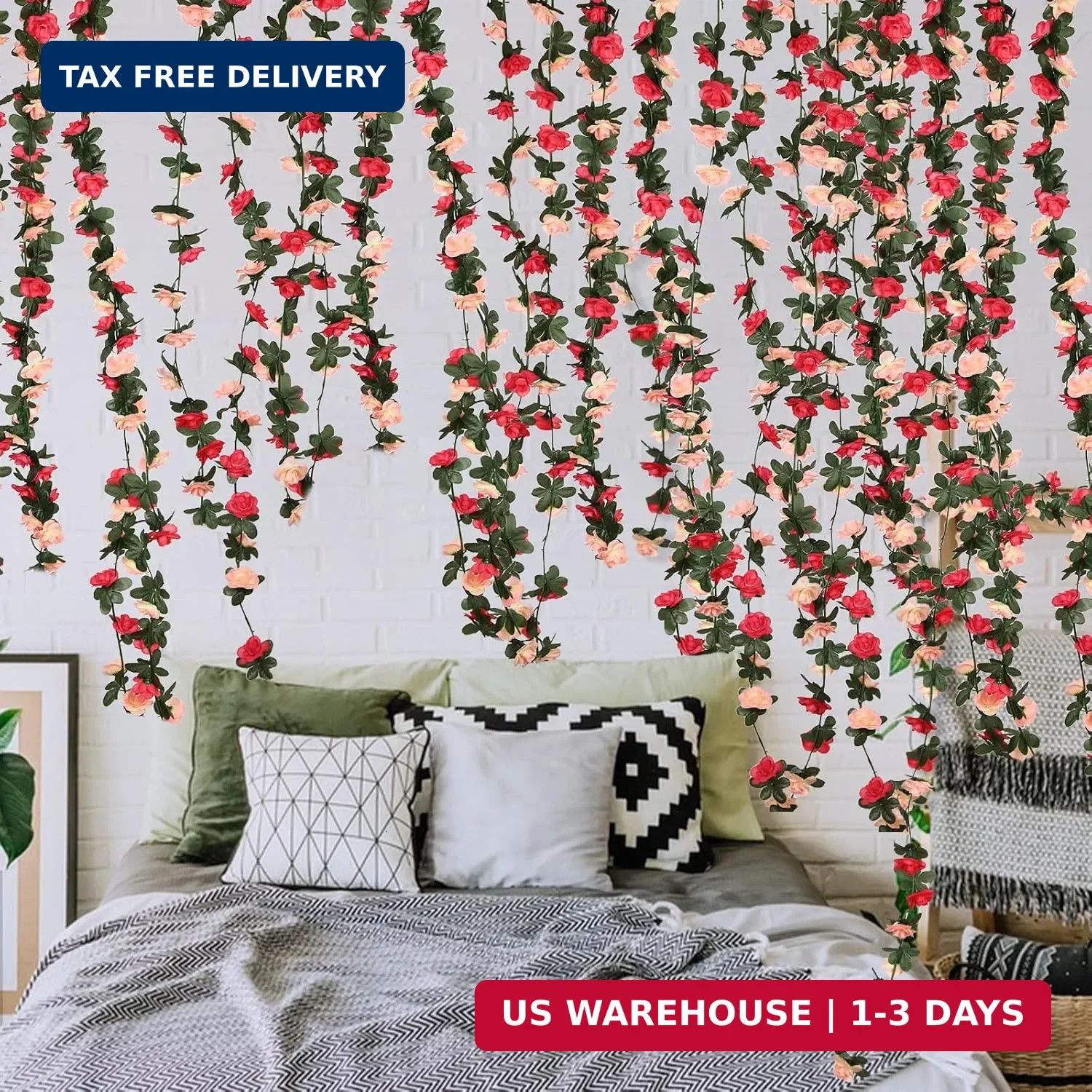 8 Pcs 65.6FT Flower Garland,Rose Garland,PinkFlower Vines for Decoration, Weddin