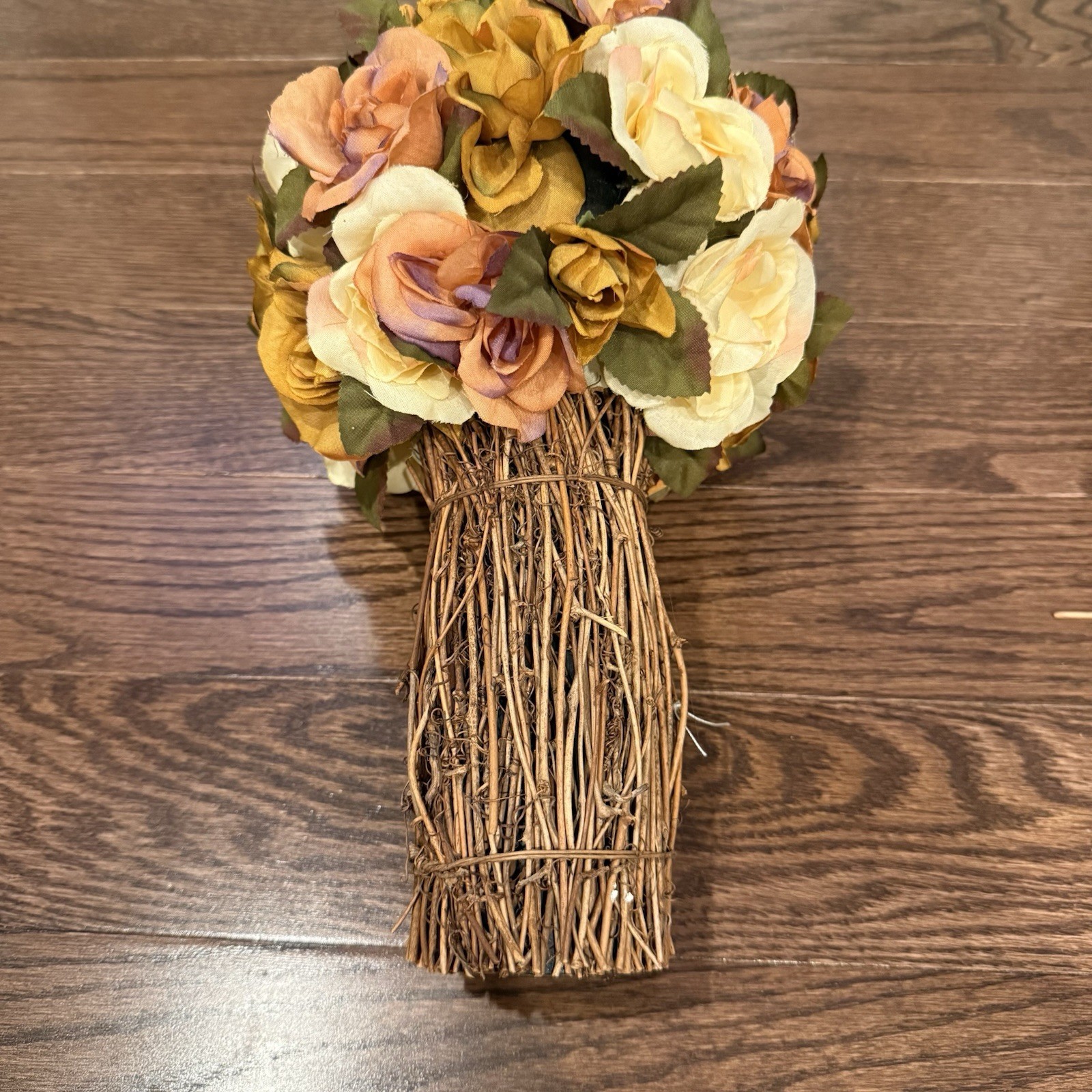 Flower & Straw Twig Standing Artificial Bouquet Of Roses Home Decor- Tan, Brown