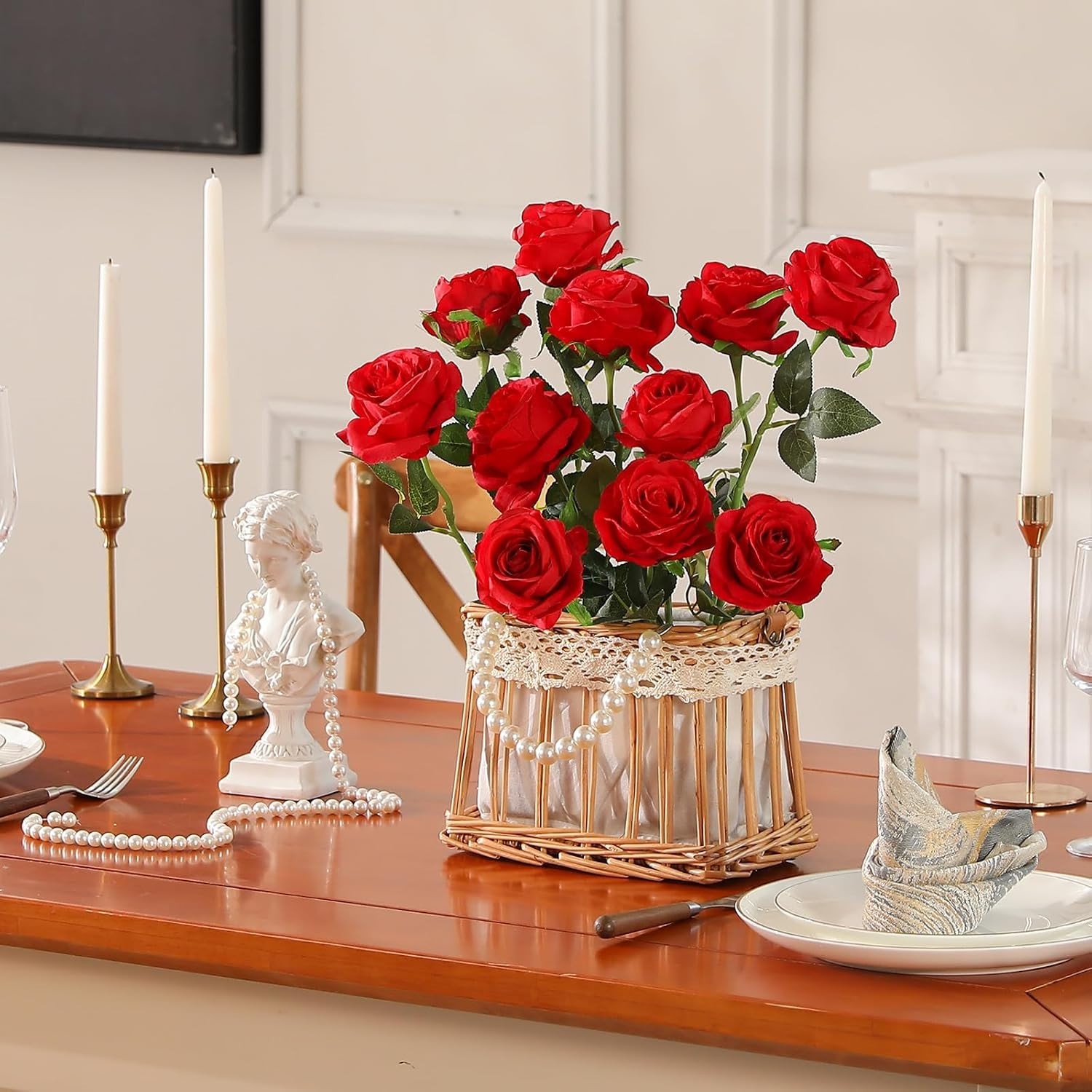 Realistic Red Roses 12PCS Silk Flowers with Bendable Stems for Home Decoration