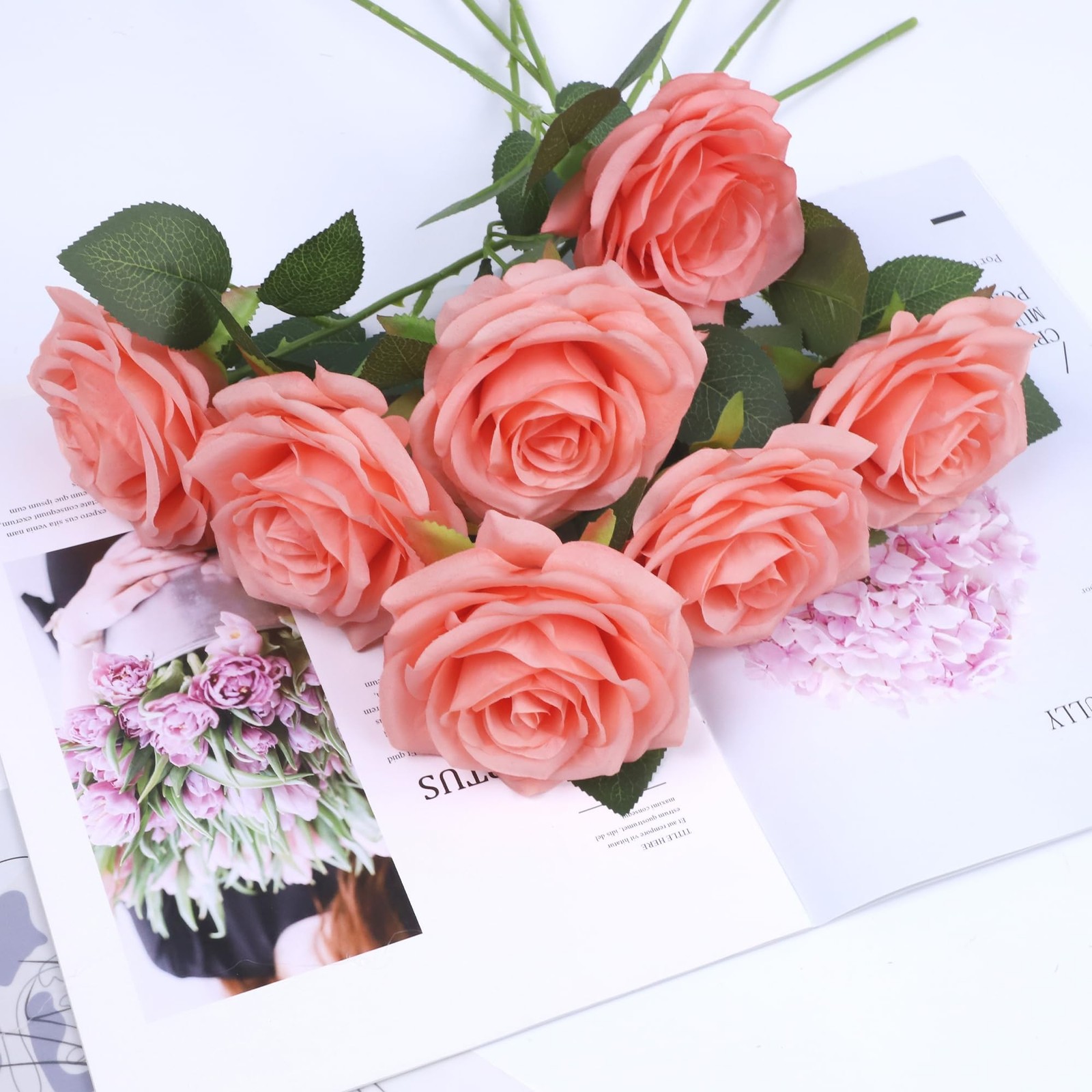 NEVISI 50Pcs Coral Peach Silk Roses with Stems Artificial Flowers