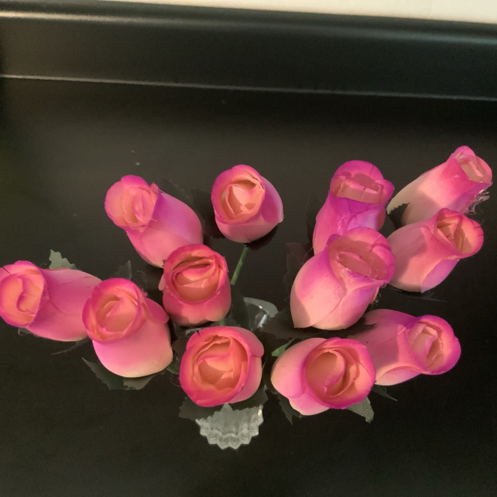 Bouquet Of A Dozen Pink/purple over Off White Wooden Roses