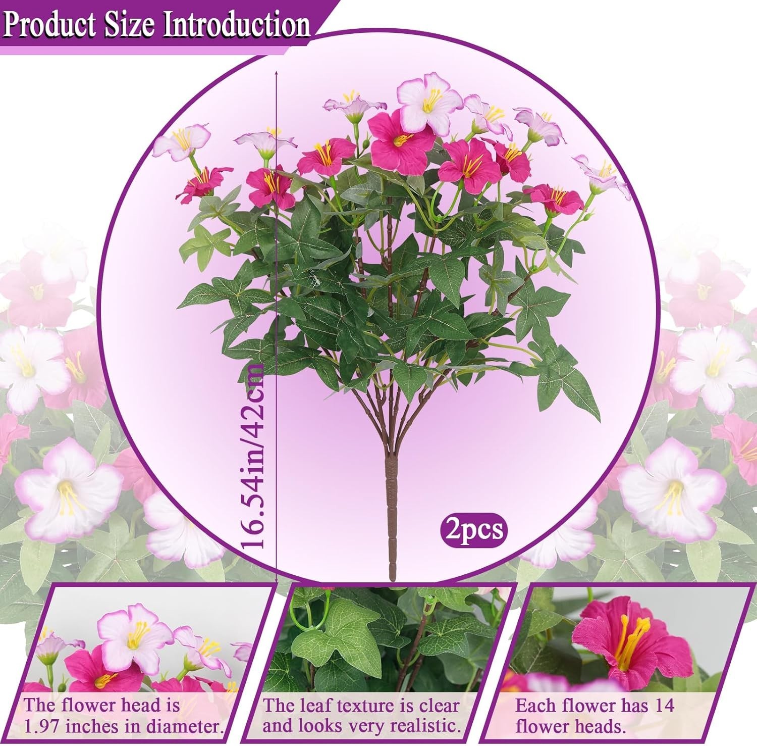 2Pcs Artificial Flowers for Outdoors Fake Plants Outside Magenta, Light Purpl